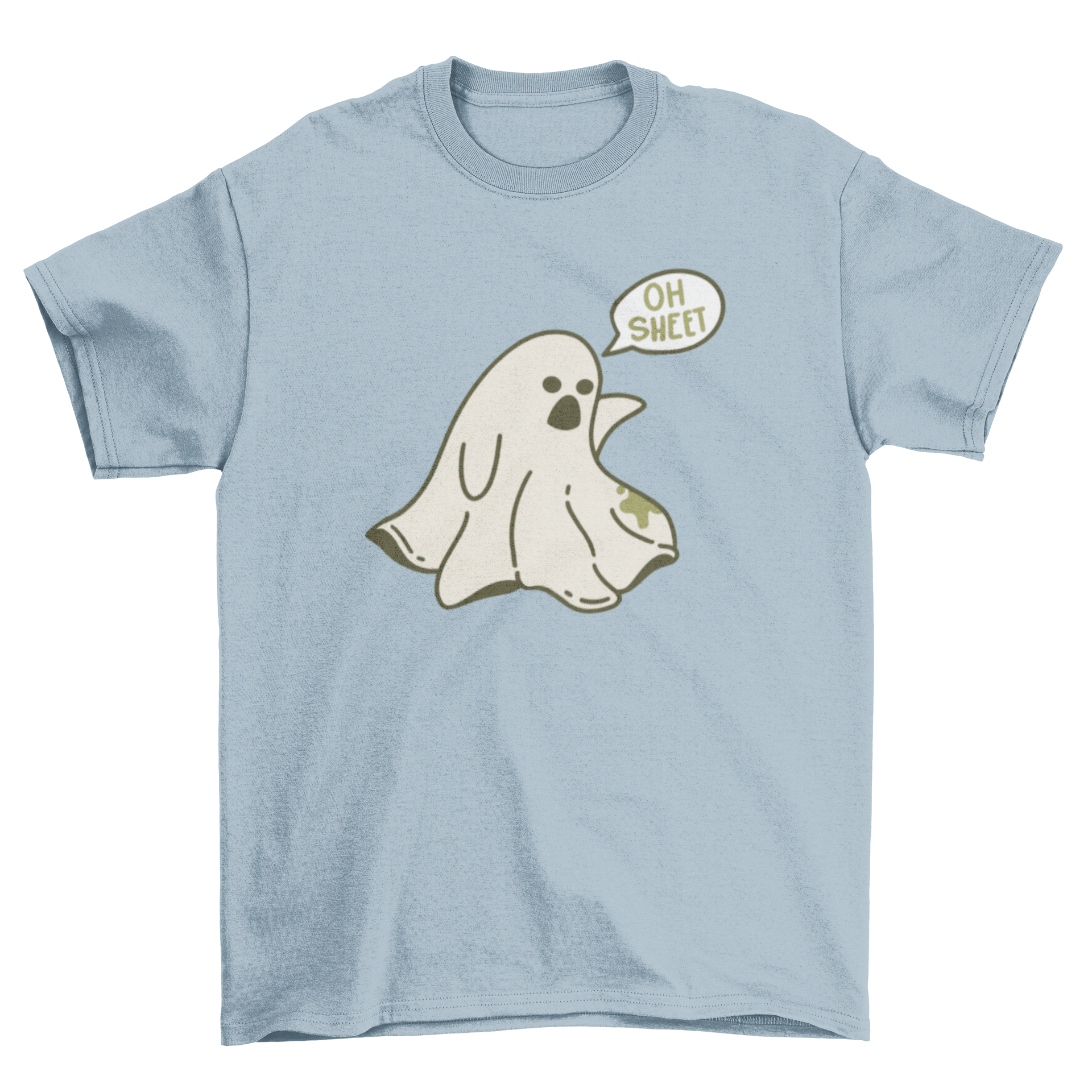 A humorous cartoon t-shirt featuring a classic ghost with a speech bubble saying 'Oh sheet' for Halloween.