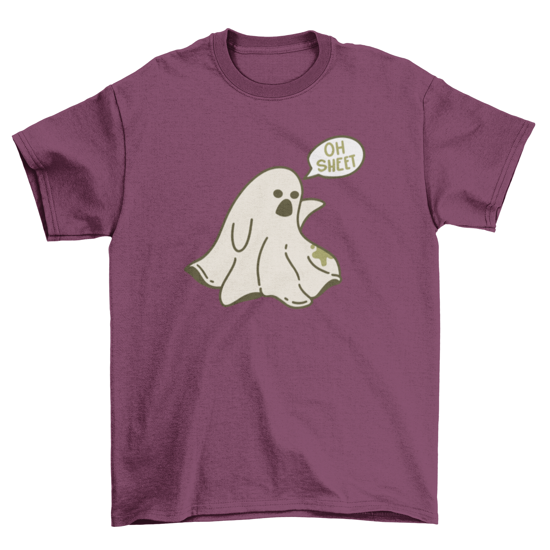 A humorous cartoon t-shirt featuring a classic ghost with a speech bubble saying 'Oh sheet' for Halloween.