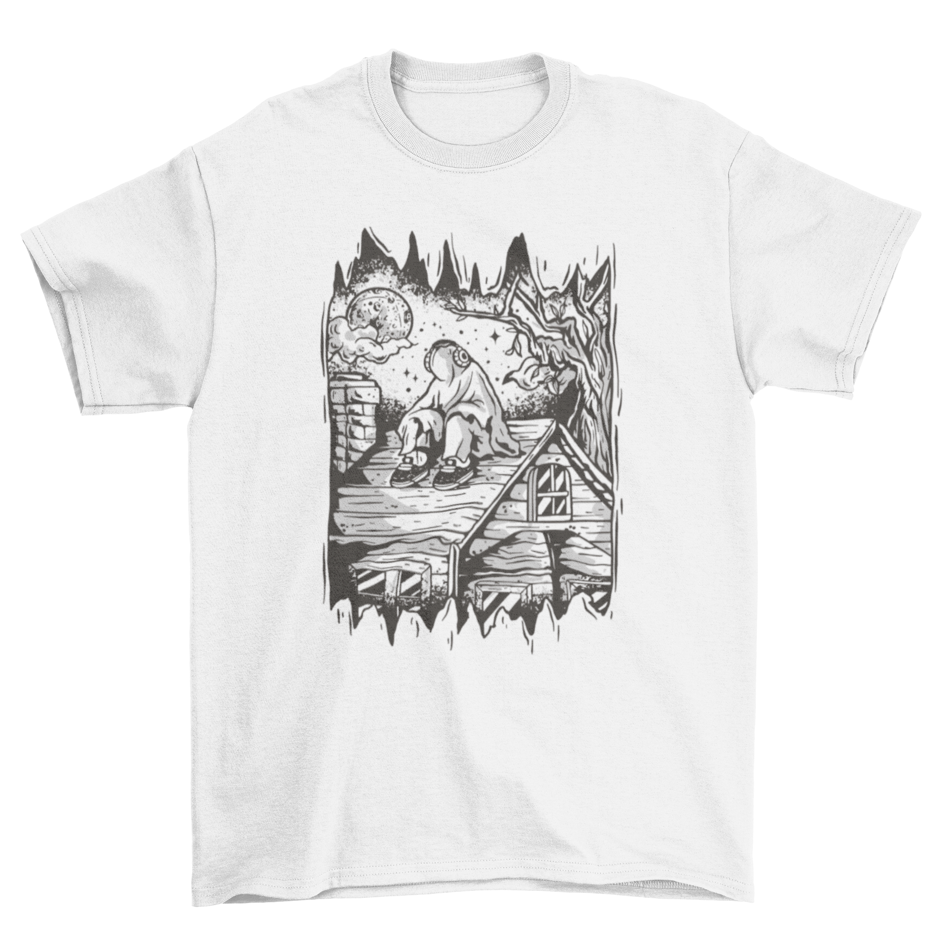 A playful Halloween t-shirt featuring a ghost sitting on a rooftop, perfect for festive celebrations.