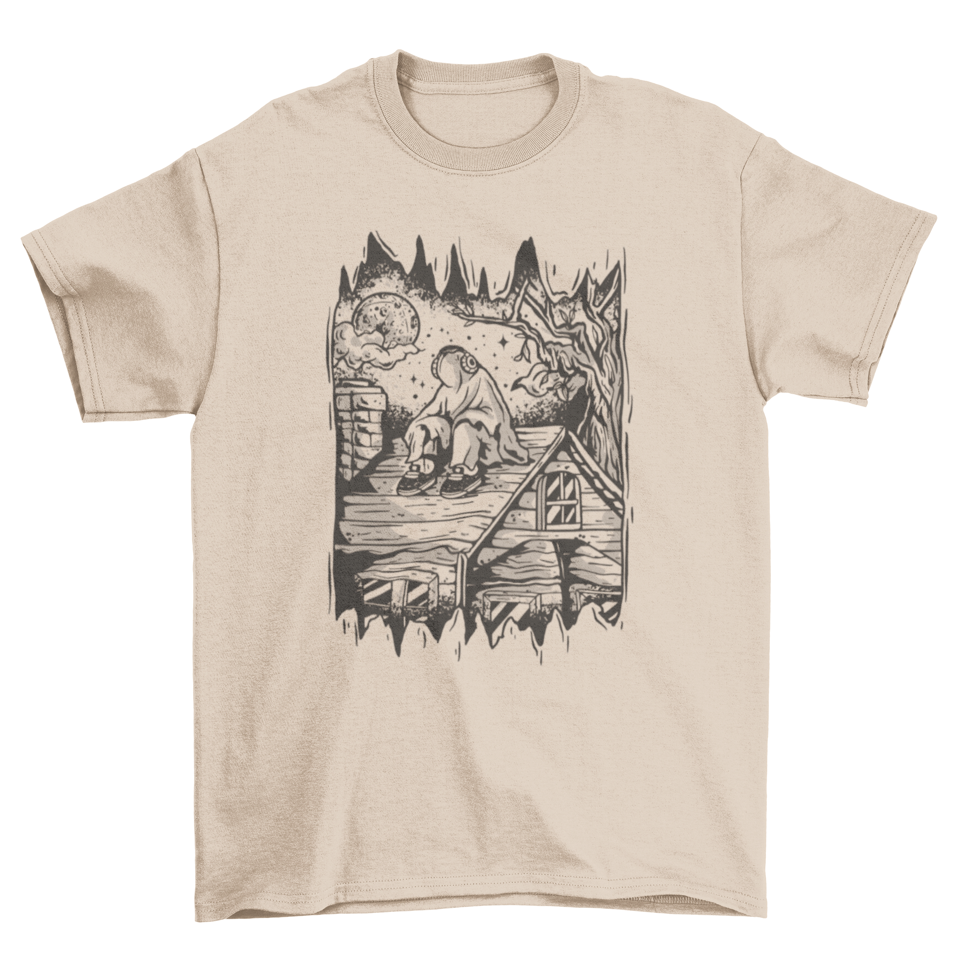 A playful Halloween t-shirt featuring a ghost sitting on a rooftop, perfect for festive celebrations.