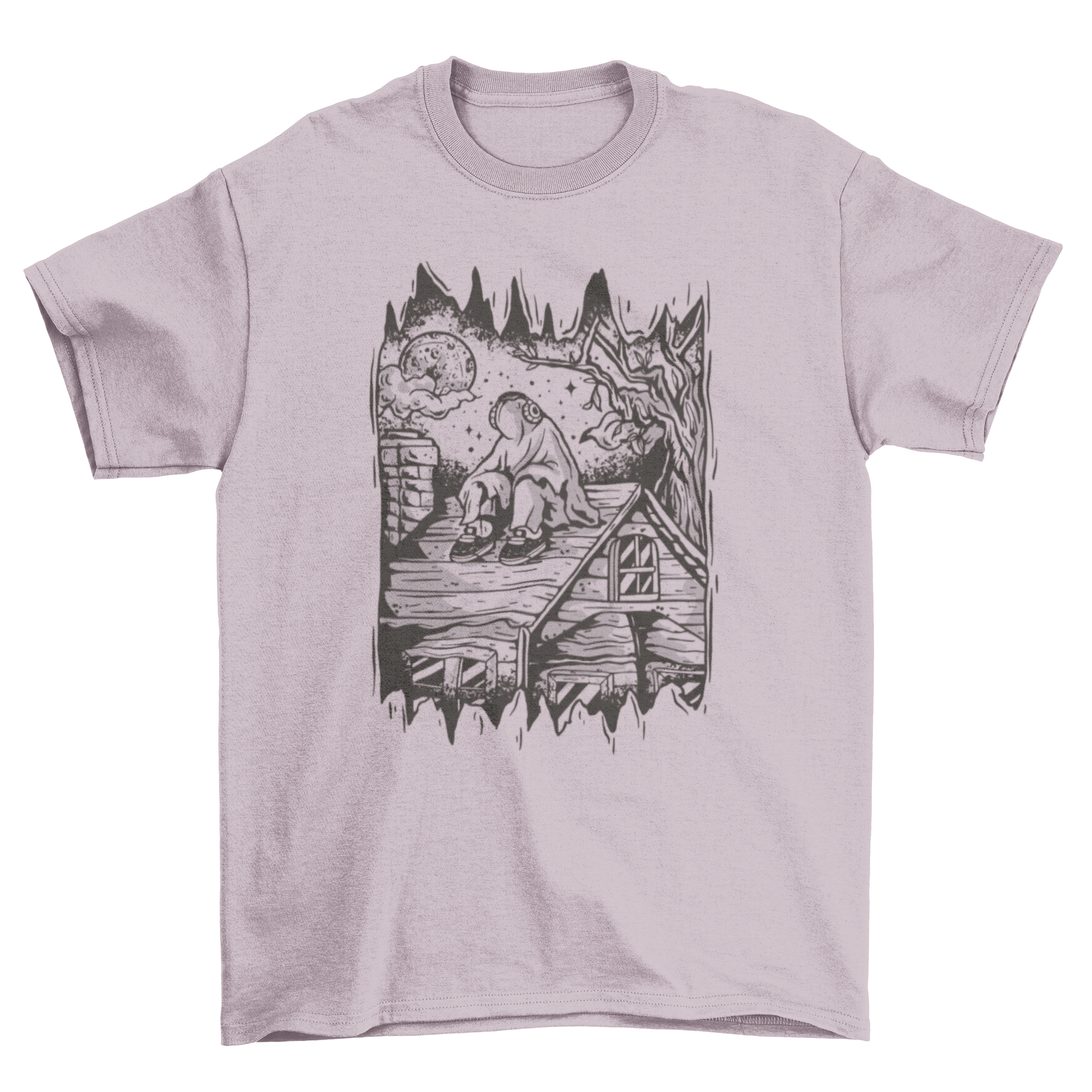 A playful Halloween t-shirt featuring a ghost sitting on a rooftop, perfect for festive celebrations.