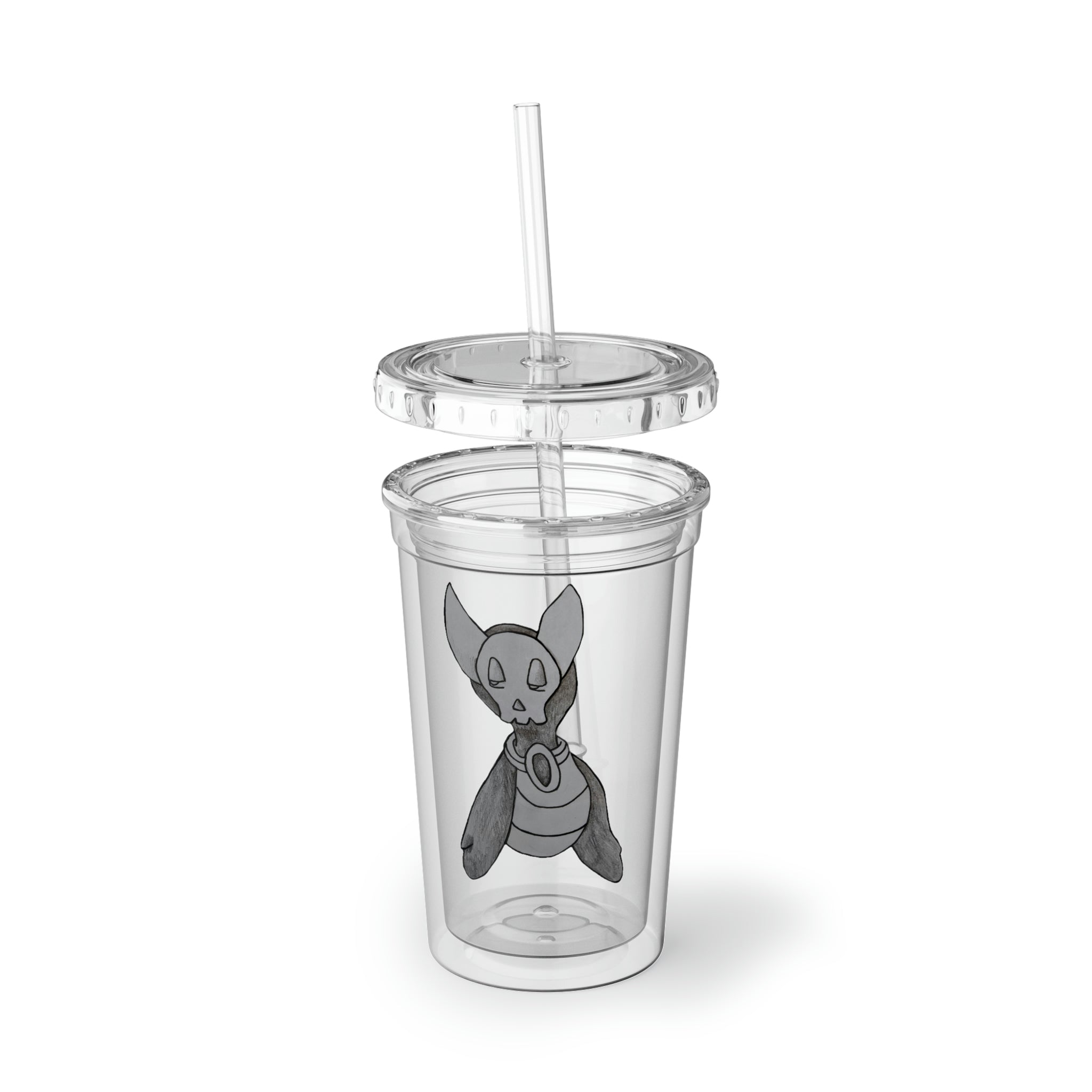 Ghoul Suave Acrylic Cup in stainless steel with a black screw-on cap and plastic straw, showcasing a customizable design.