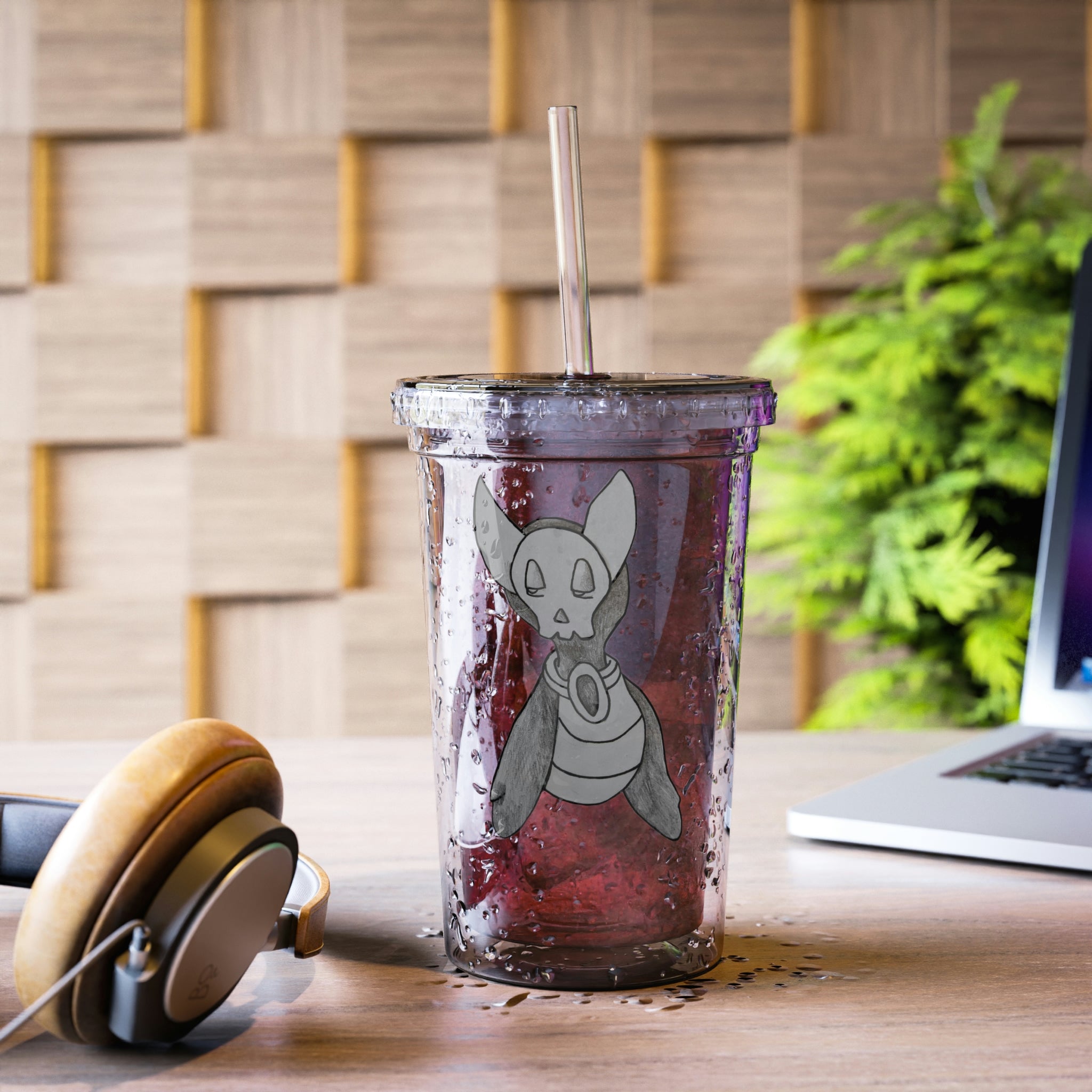 Ghoul Suave Acrylic Cup in stainless steel with a black screw-on cap and plastic straw, showcasing a customizable design.