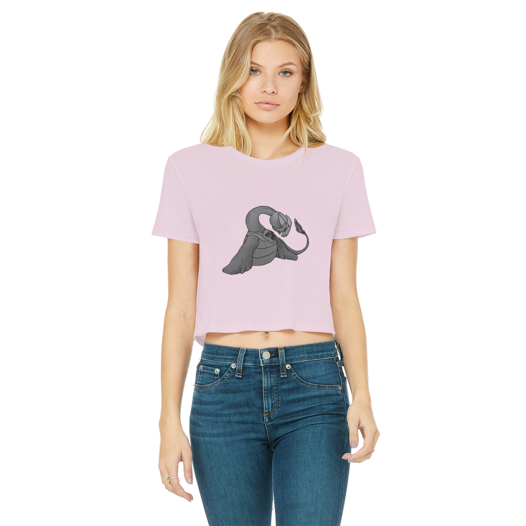 Ghoulaba Classic Women's Cropped Raw Edge T-Shirt in various colors, showcasing its round neck, short sleeves, and raw edge hem.