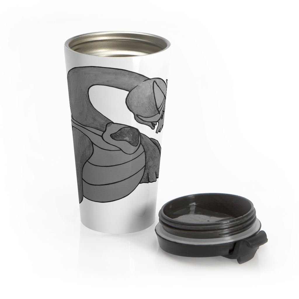 Ghoulaba Stainless Steel Travel Mug with black lid and vibrant design, perfect for coffee and tea lovers.