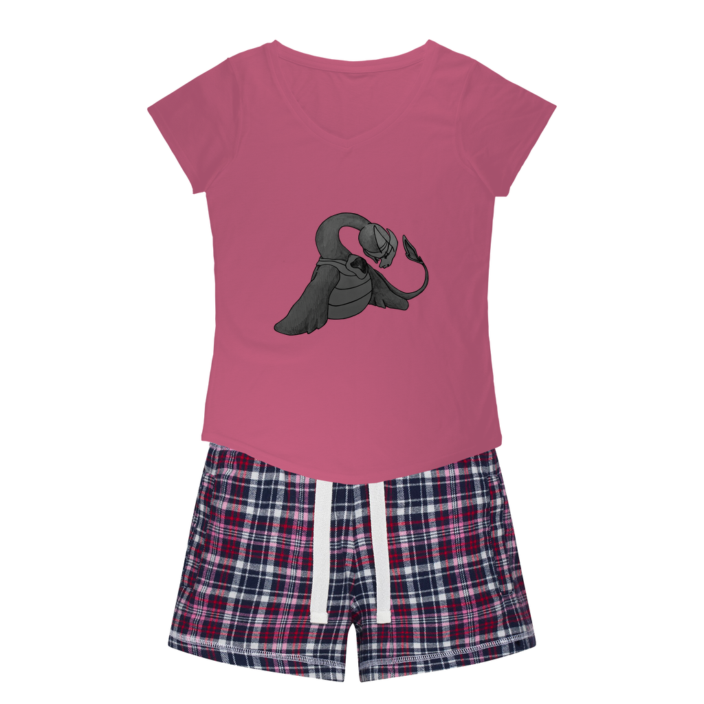 Ghoulaba Women's Sleepy Tee and Flannel Short set featuring a relaxed fit T-shirt and colorful flannel shorts, perfect for cozy nights.