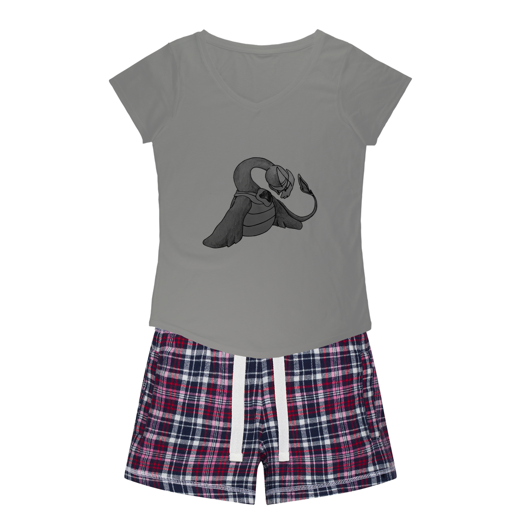 Ghoulaba Women's Sleepy Tee and Flannel Short set featuring a relaxed fit T-shirt and colorful flannel shorts, perfect for cozy nights.