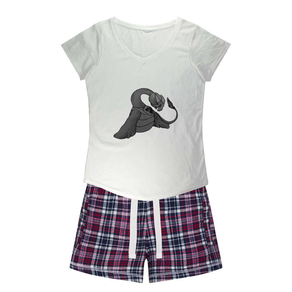 Ghoulaba Women's Sleepy Tee and Flannel Short set featuring a relaxed fit T-shirt and colorful flannel shorts, perfect for cozy nights.