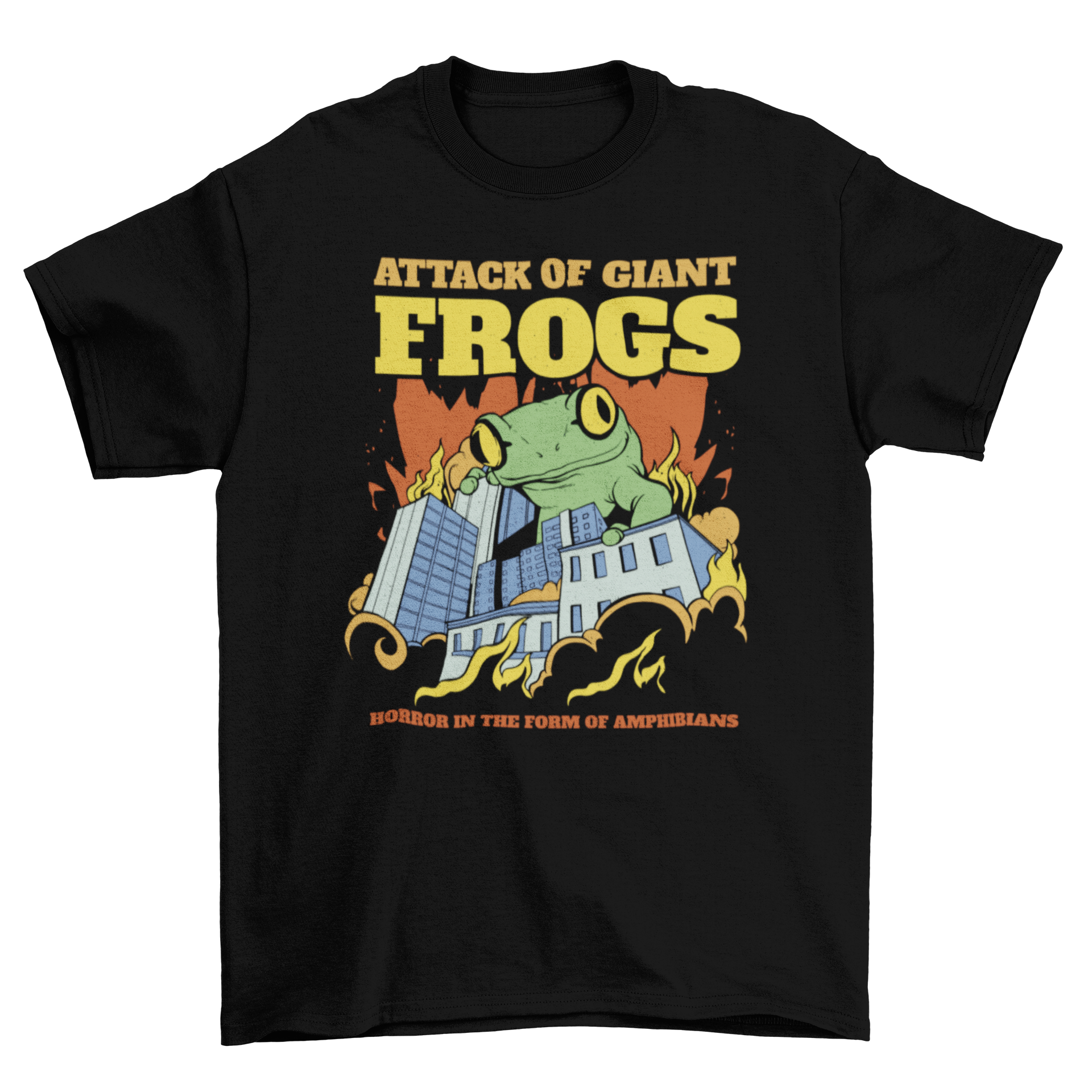 A vibrant t-shirt featuring a giant frog attacking a city with buildings on fire and the quote 'Attack of the Giant Frogs'.