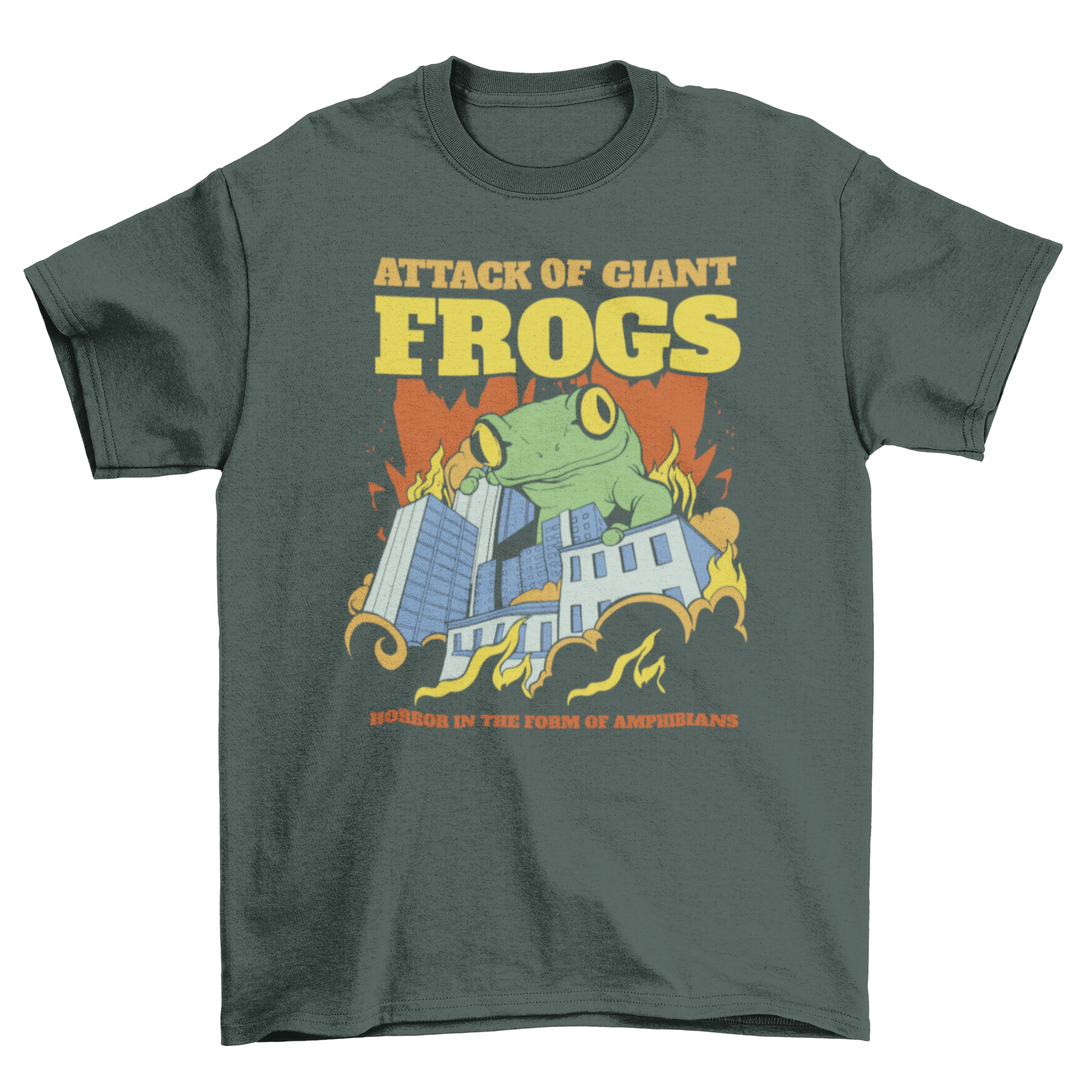 A vibrant t-shirt featuring a giant frog attacking a city with buildings on fire and the quote 'Attack of the Giant Frogs'.