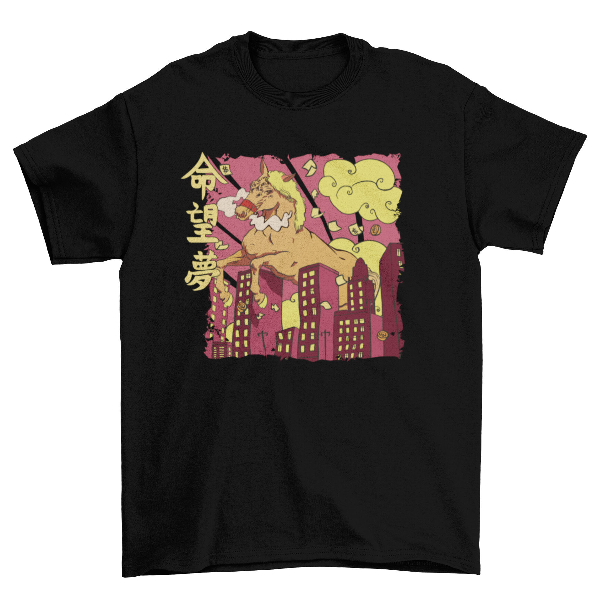 A vibrant t-shirt featuring a giant horse monster destroying a city, showcasing intricate details and dynamic colors.