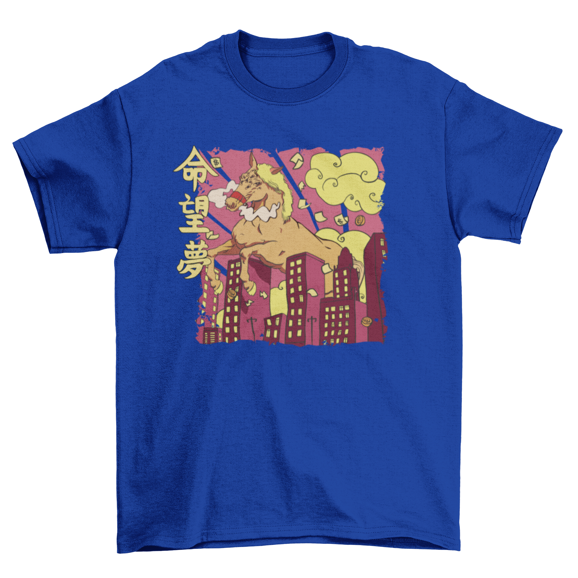 A vibrant t-shirt featuring a giant horse monster destroying a city, showcasing intricate details and dynamic colors.