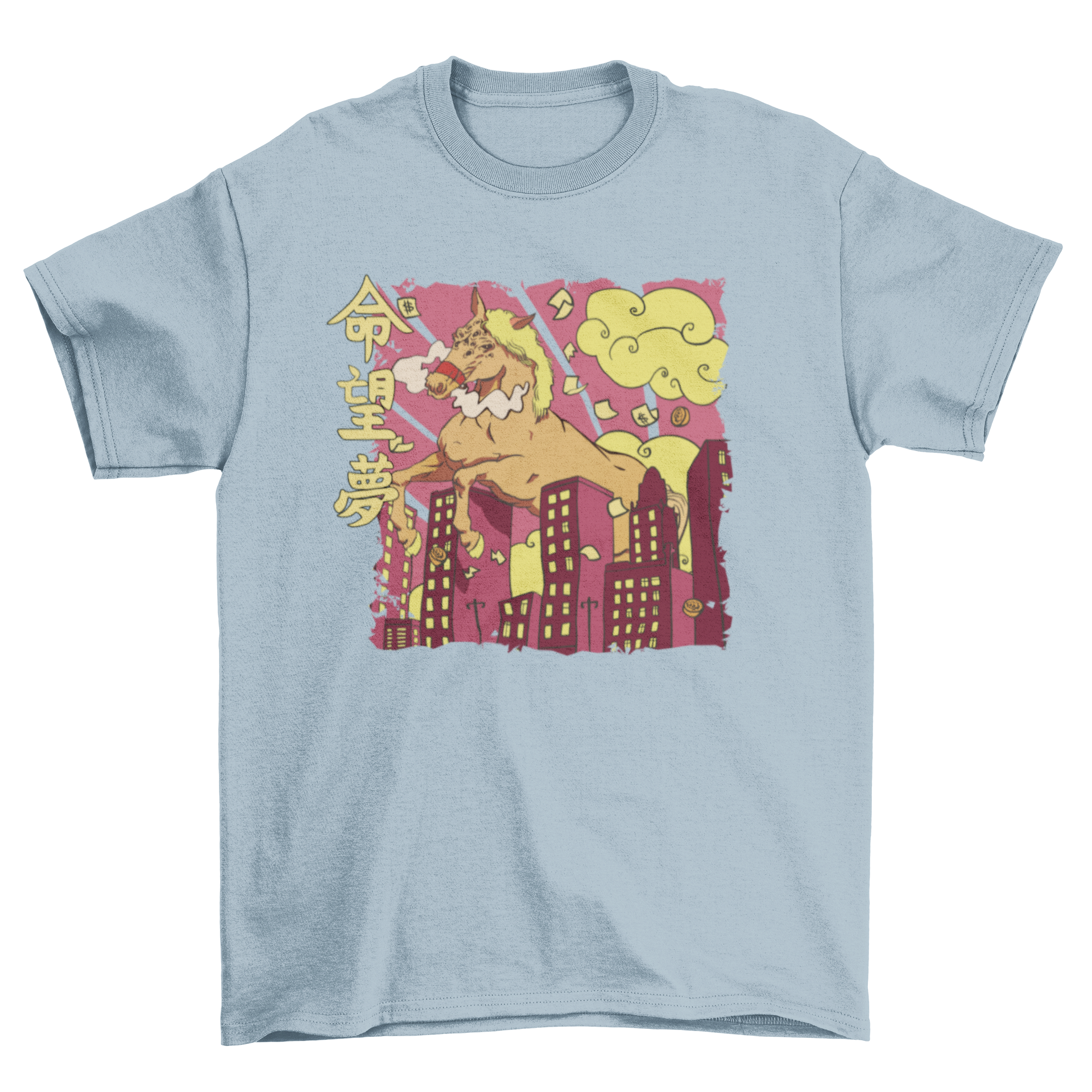 A vibrant t-shirt featuring a giant horse monster destroying a city, showcasing intricate details and dynamic colors.