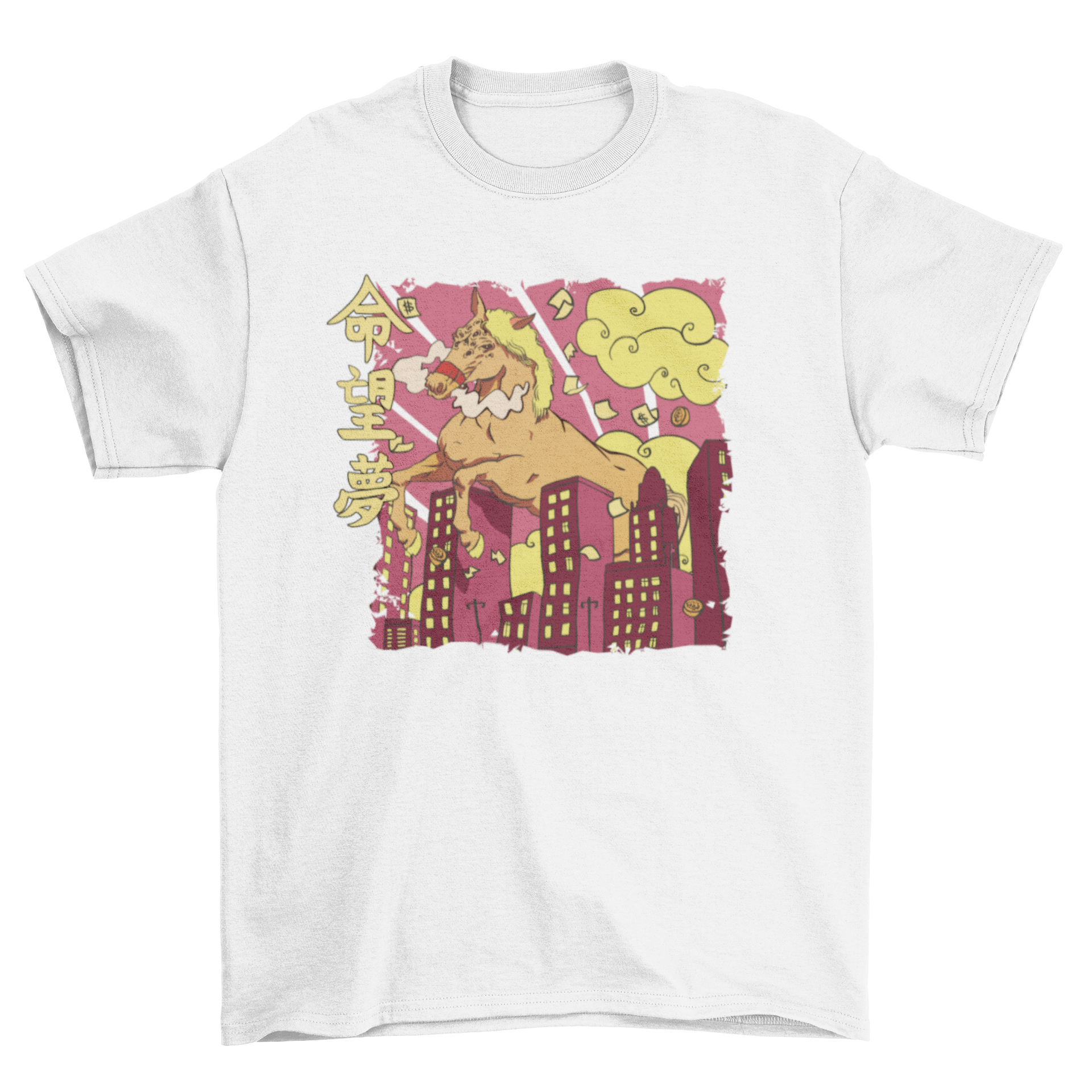 A vibrant t-shirt featuring a giant horse monster destroying a city, showcasing intricate details and dynamic colors.