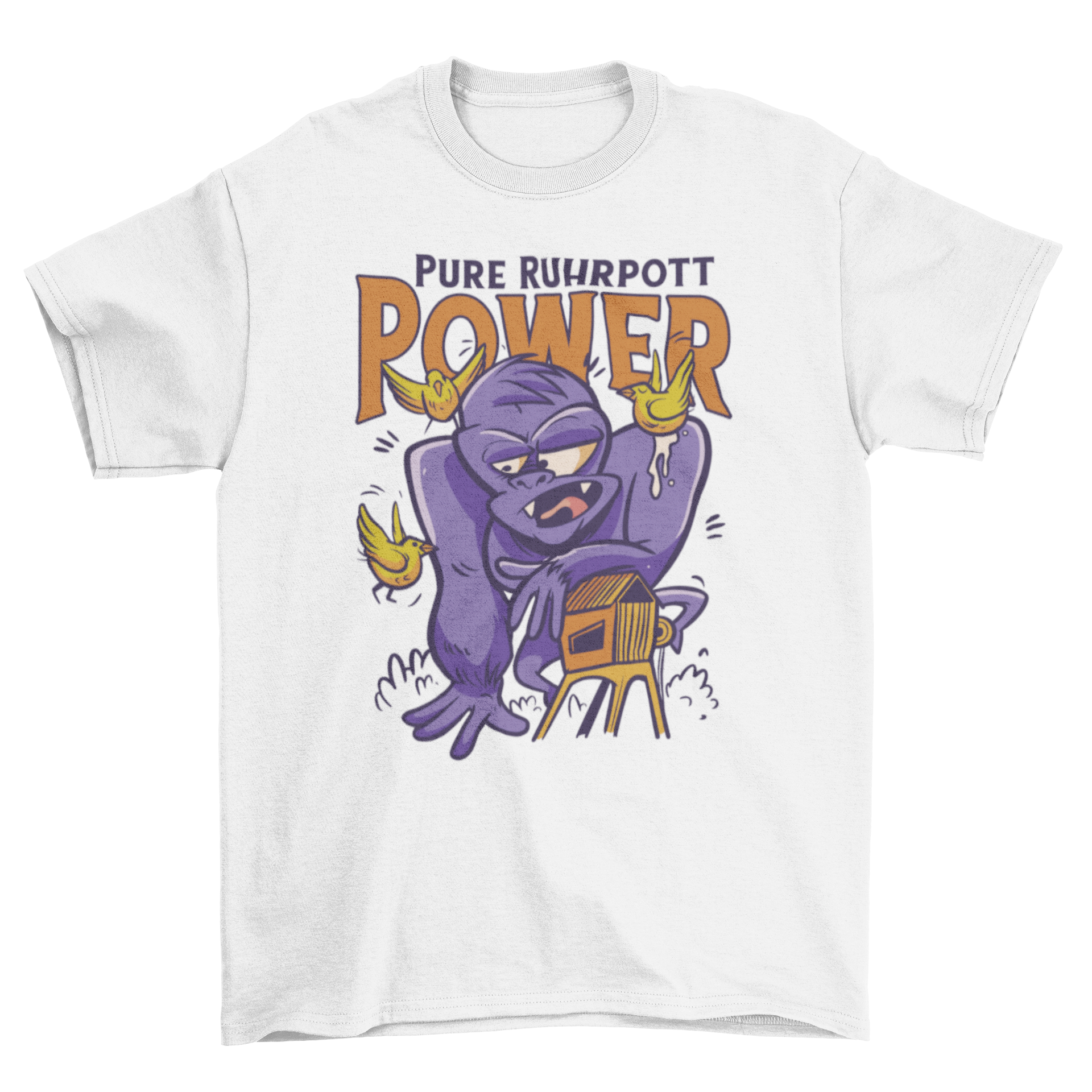 A vibrant t-shirt featuring a giant monkey surrounded by colorful birds with the quote 'Pure ruhrpott power'.