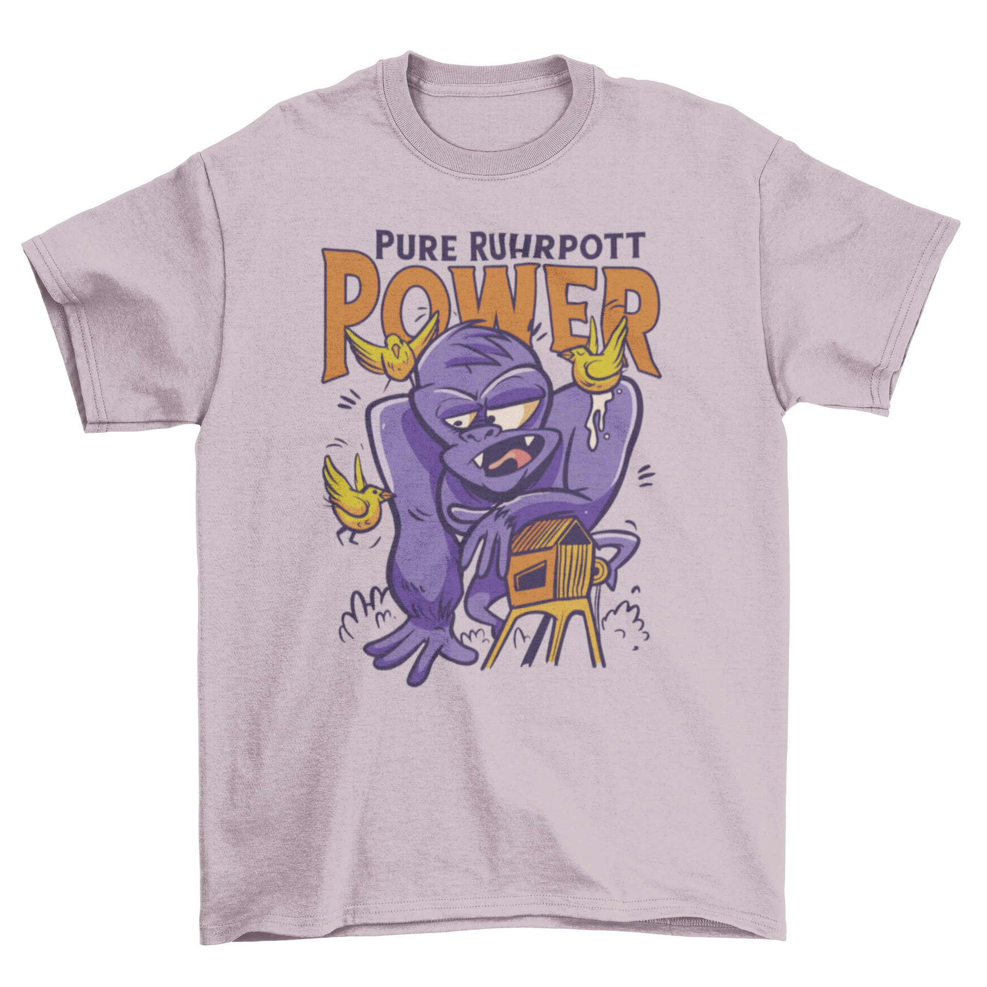 A vibrant t-shirt featuring a giant monkey surrounded by colorful birds with the quote 'Pure ruhrpott power'.