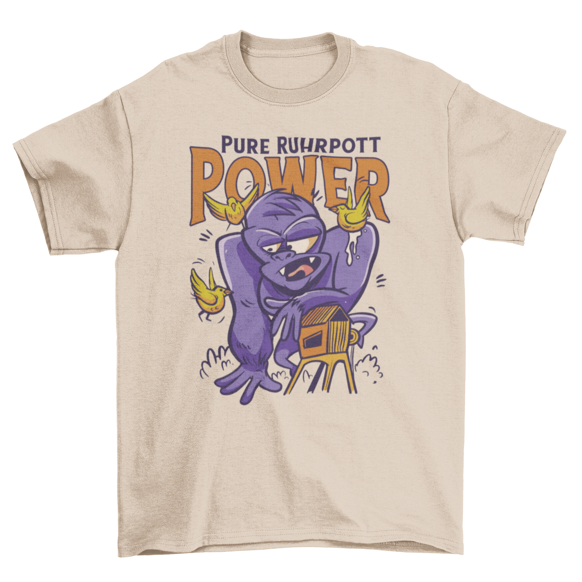 A vibrant t-shirt featuring a giant monkey surrounded by colorful birds with the quote 'Pure ruhrpott power'.