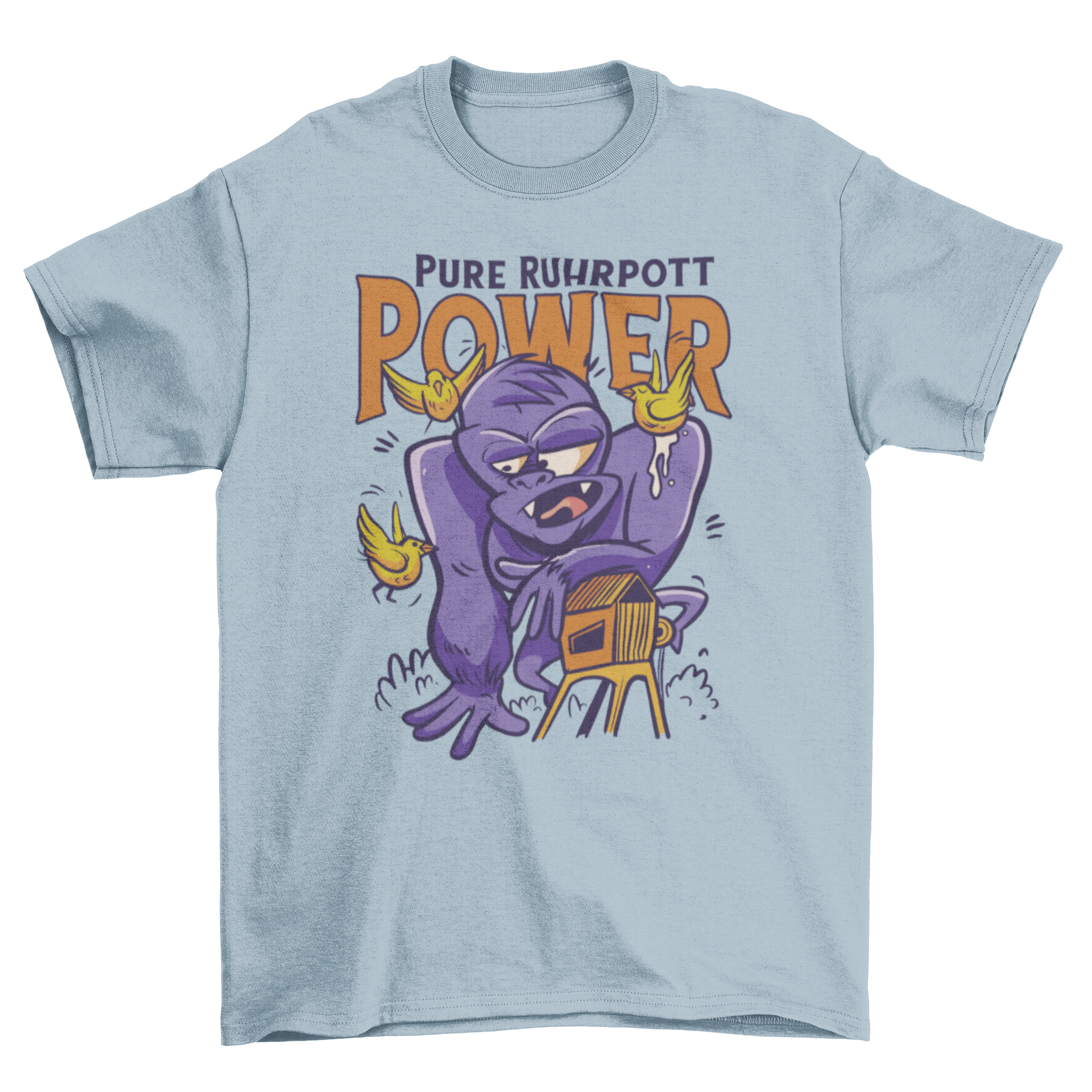 A vibrant t-shirt featuring a giant monkey surrounded by colorful birds with the quote 'Pure ruhrpott power'.