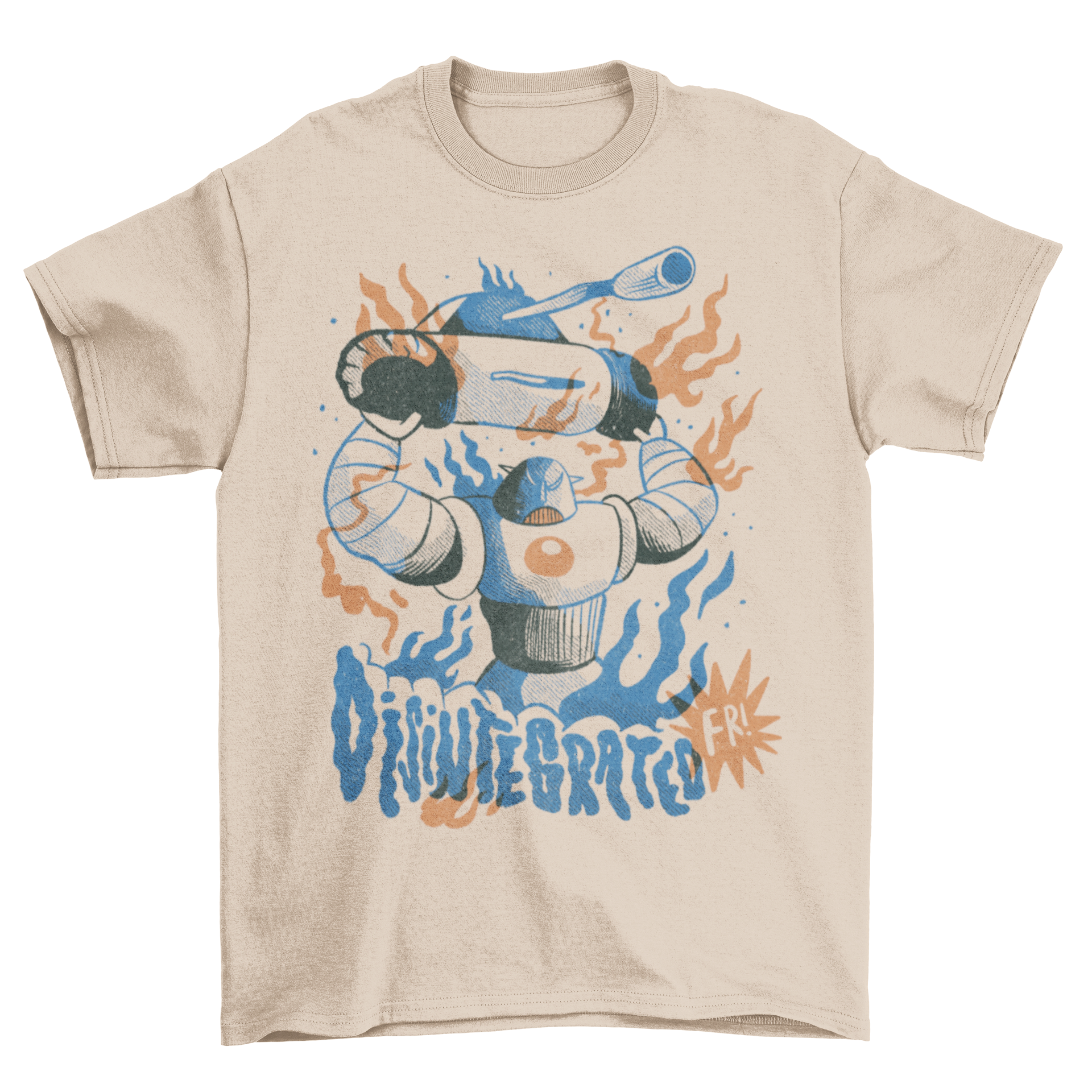 Giant Robot Tank Battle T-Shirt featuring a mad robot holding a tank in an epic battle scene.