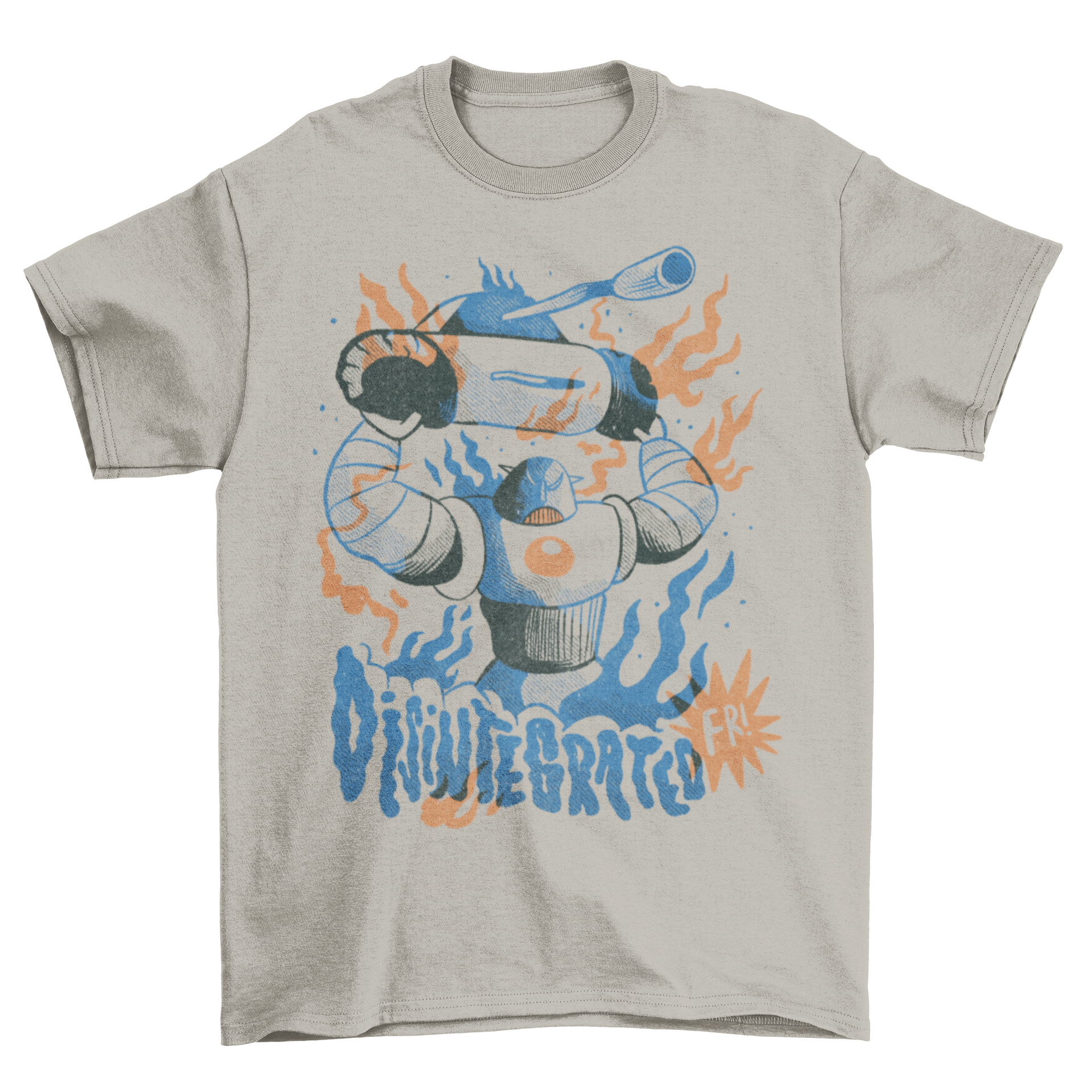 Giant Robot Tank Battle T-Shirt featuring a mad robot holding a tank in an epic battle scene.