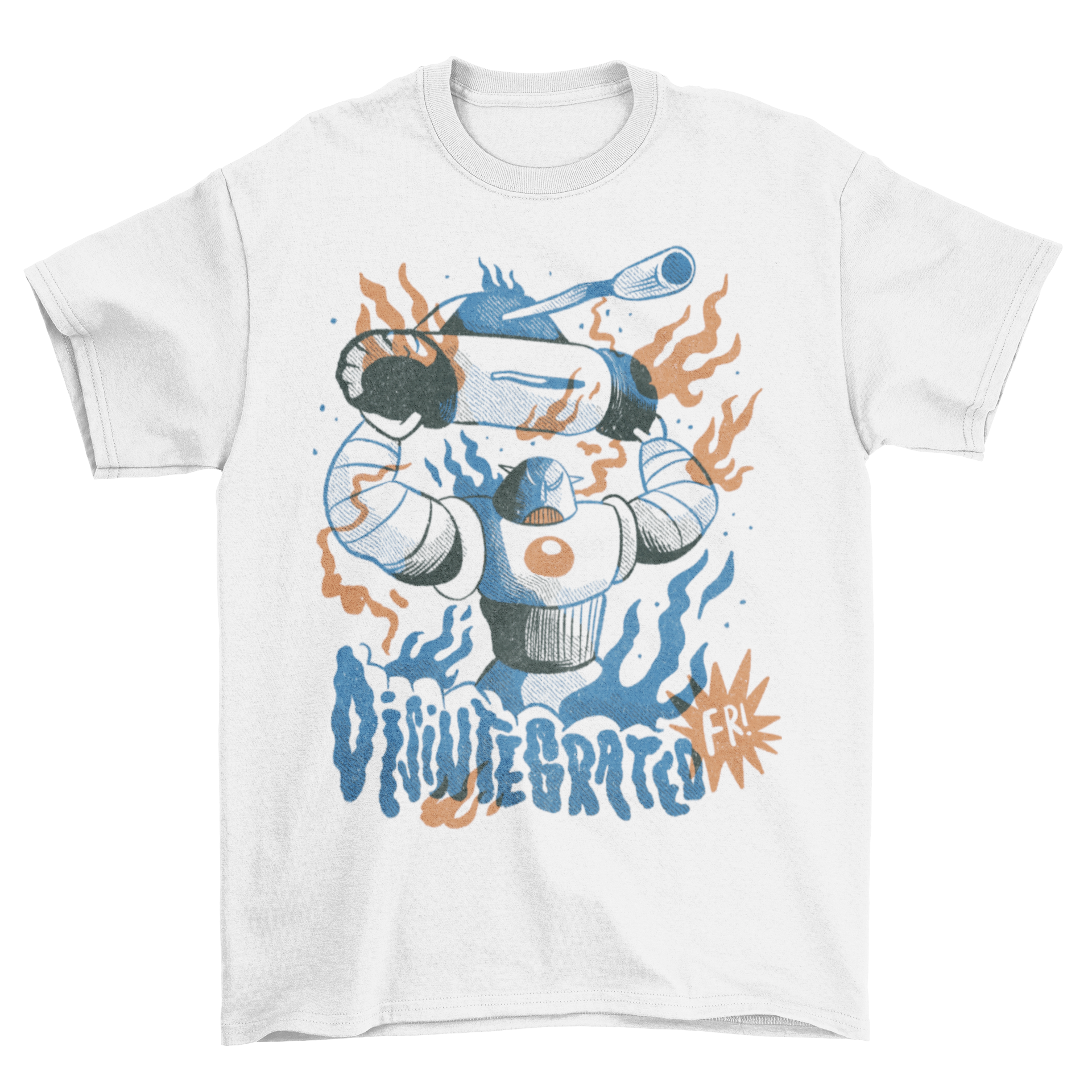 Giant Robot Tank Battle T-Shirt featuring a mad robot holding a tank in an epic battle scene.