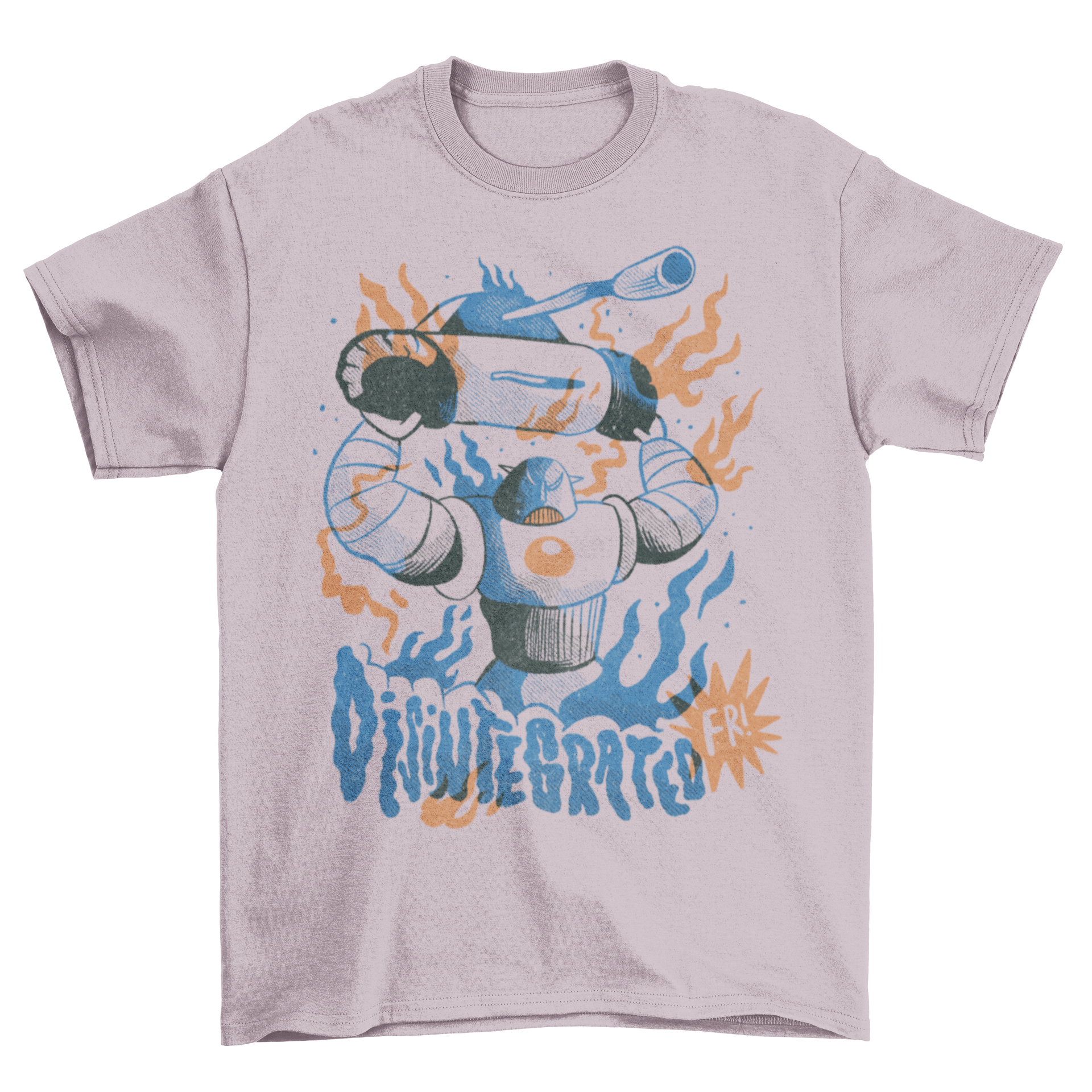 Giant Robot Tank Battle T-Shirt featuring a mad robot holding a tank in an epic battle scene.