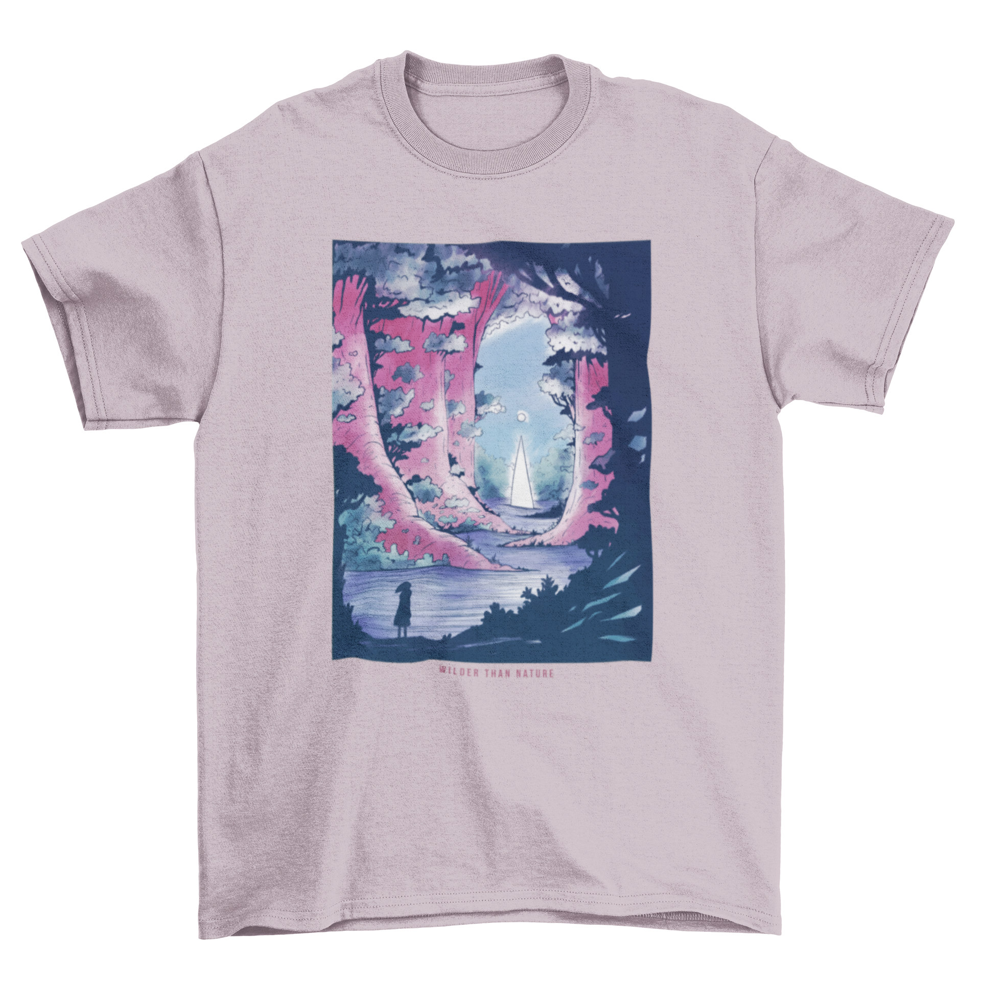 A vibrant t-shirt featuring a fantasy landscape with giant trees, showcasing intricate details and colors.