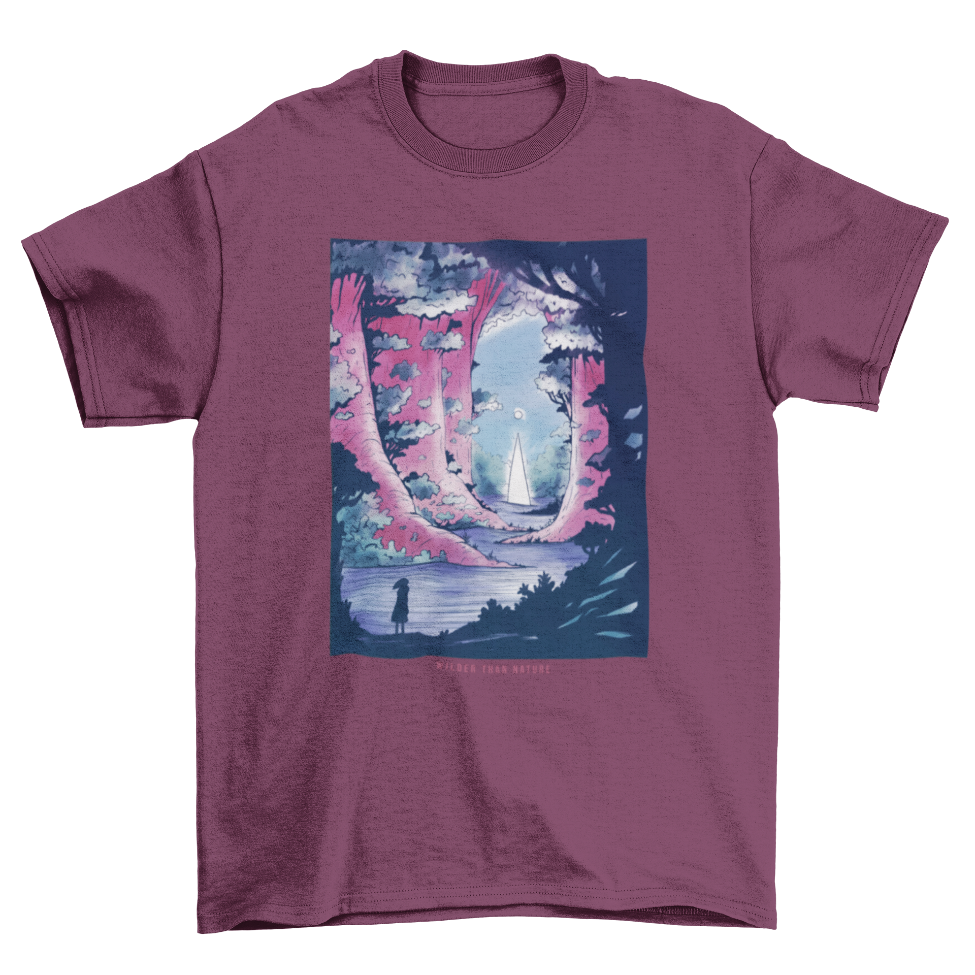 A vibrant t-shirt featuring a fantasy landscape with giant trees, showcasing intricate details and colors.