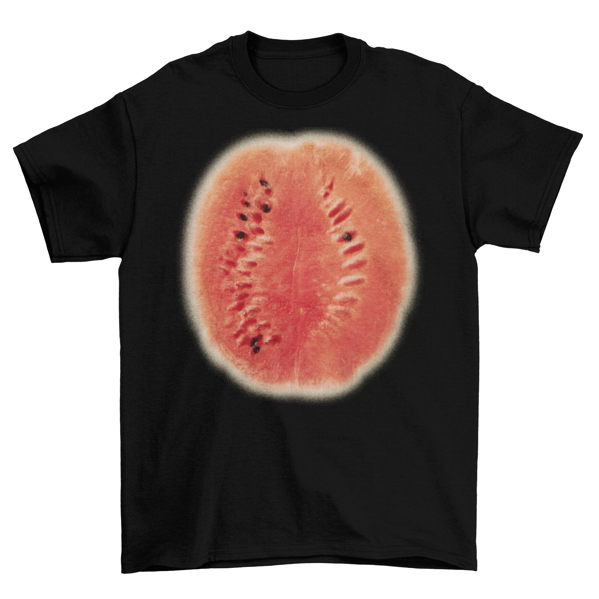 A vibrant t-shirt featuring a large watermelon graphic, perfect for summer wear.