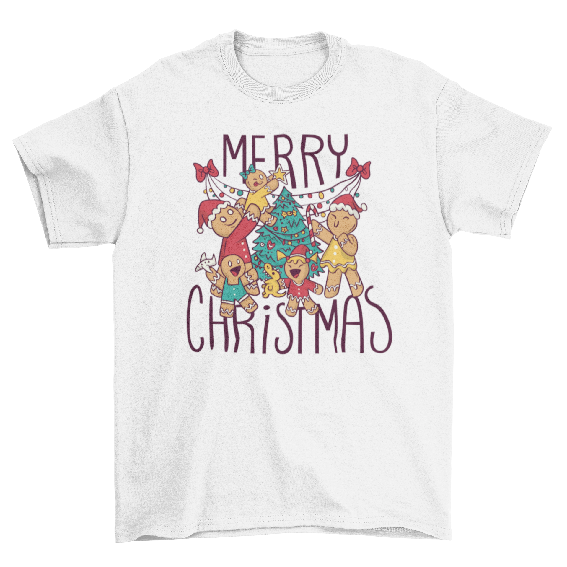 A festive t-shirt featuring gingerbread cookies and a Christmas tree with the quote 'Merry Christmas'.