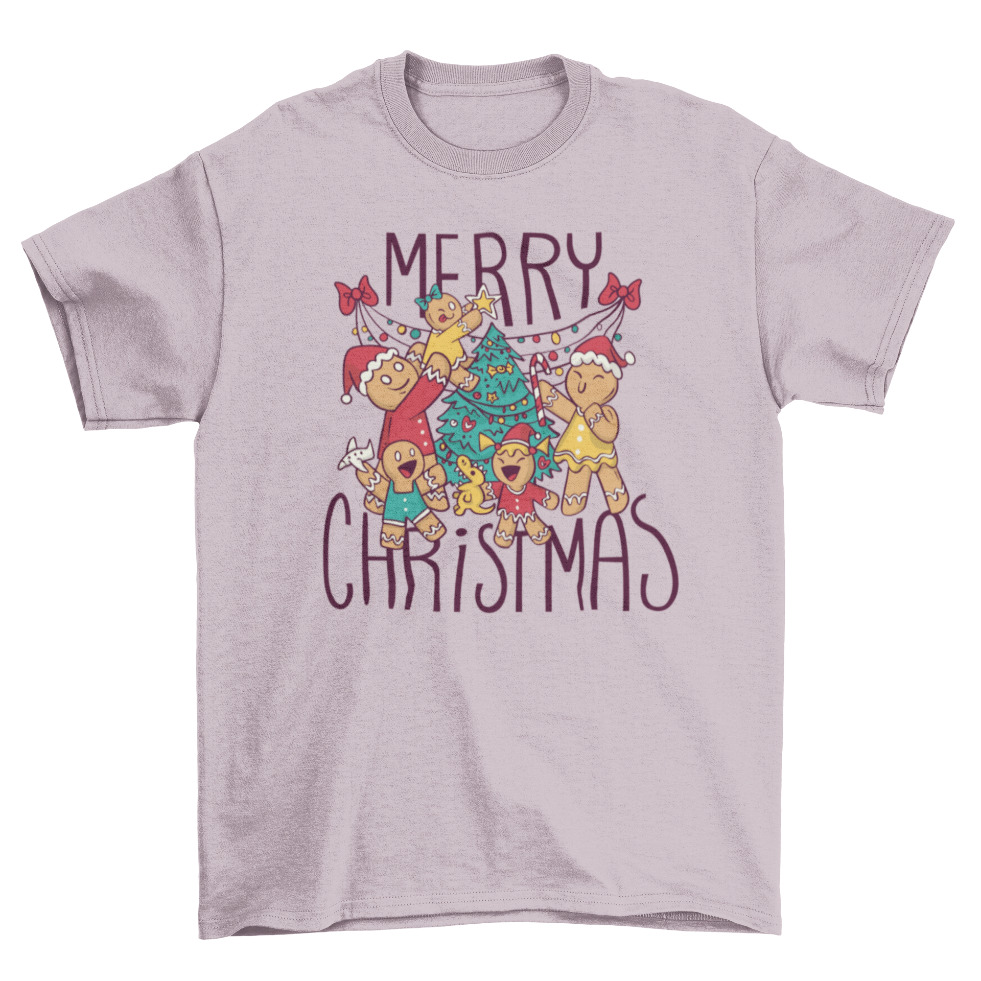 A festive t-shirt featuring gingerbread cookies and a Christmas tree with the quote 'Merry Christmas'.