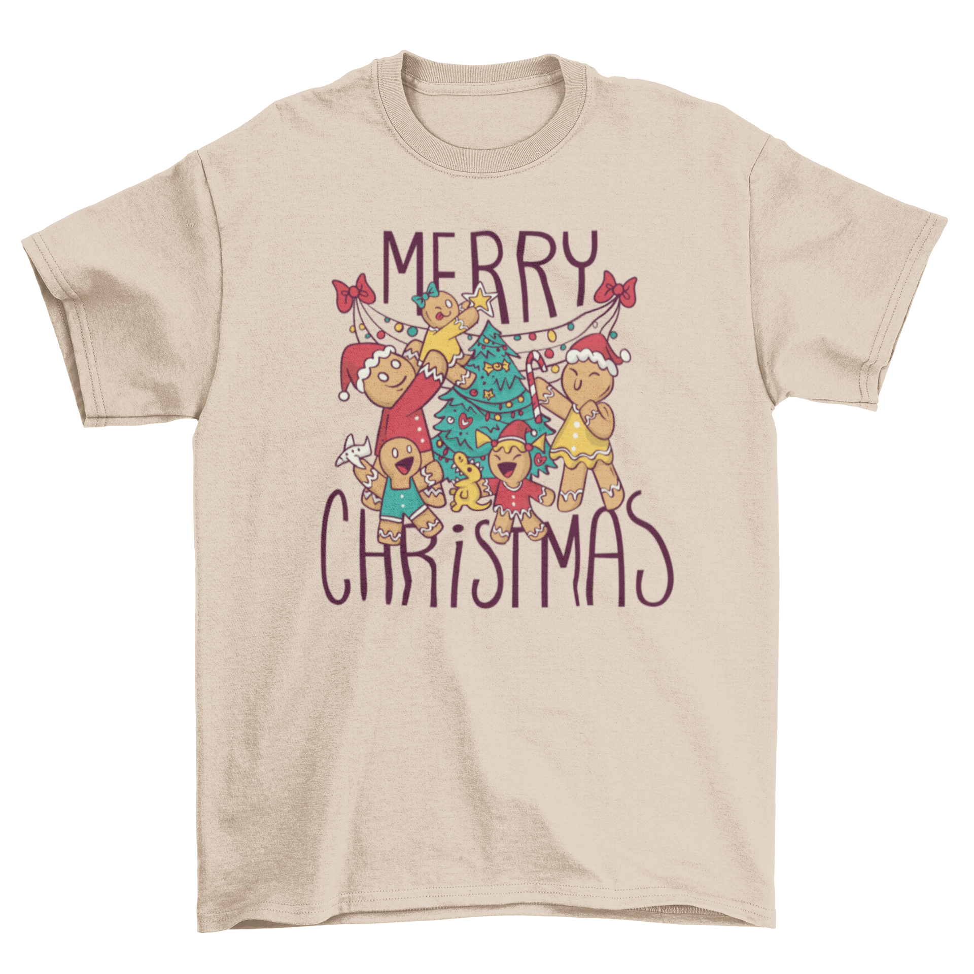 A festive t-shirt featuring gingerbread cookies and a Christmas tree with the quote 'Merry Christmas'.