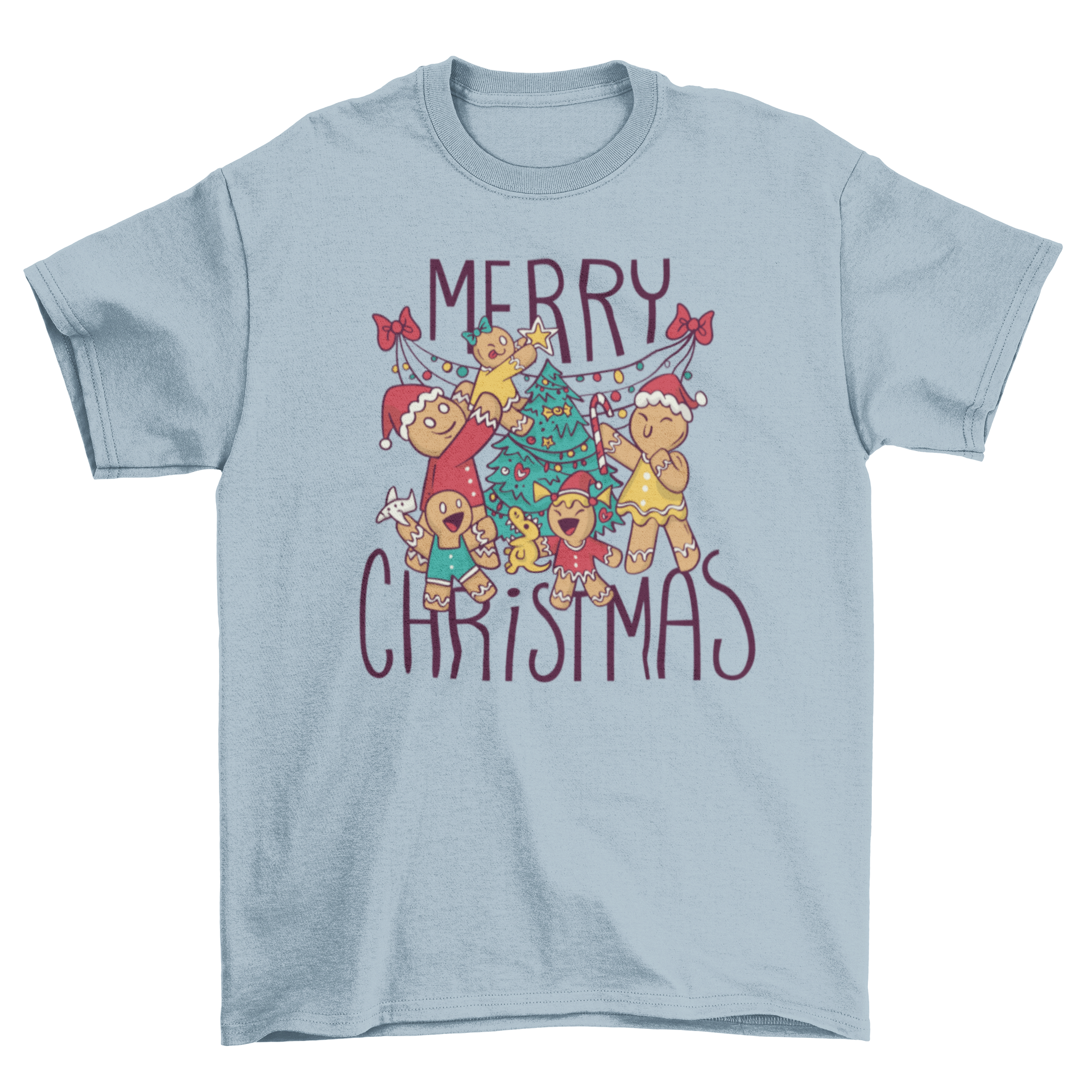 A festive t-shirt featuring gingerbread cookies and a Christmas tree with the quote 'Merry Christmas'.