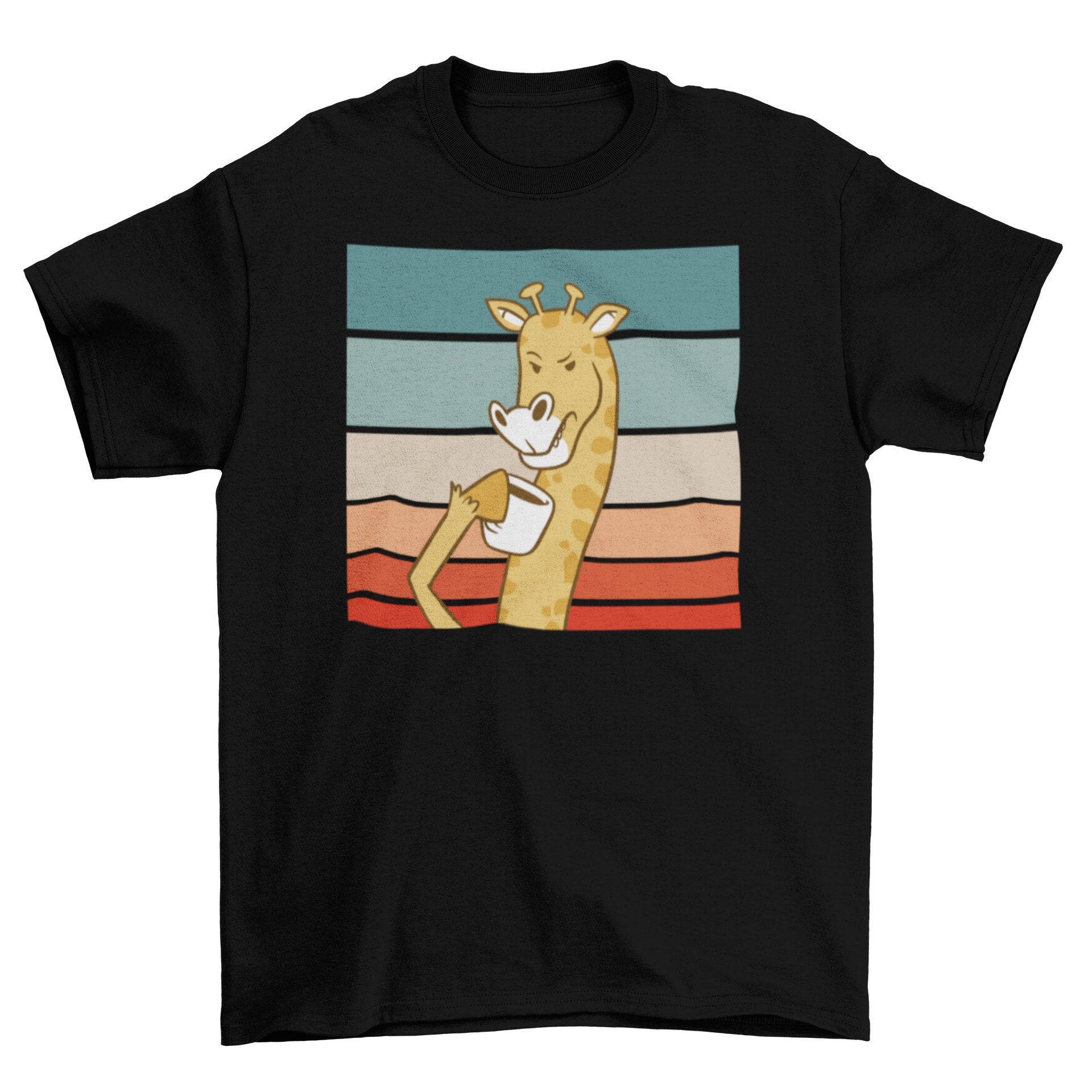 A fun t-shirt featuring a giraffe drinking coffee against a retro sunset background, showcasing a playful and colorful design.