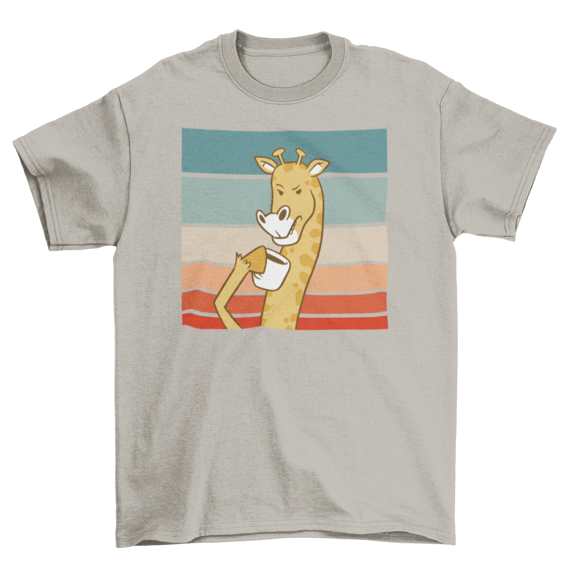 A fun t-shirt featuring a giraffe drinking coffee against a retro sunset background, showcasing a playful and colorful design.