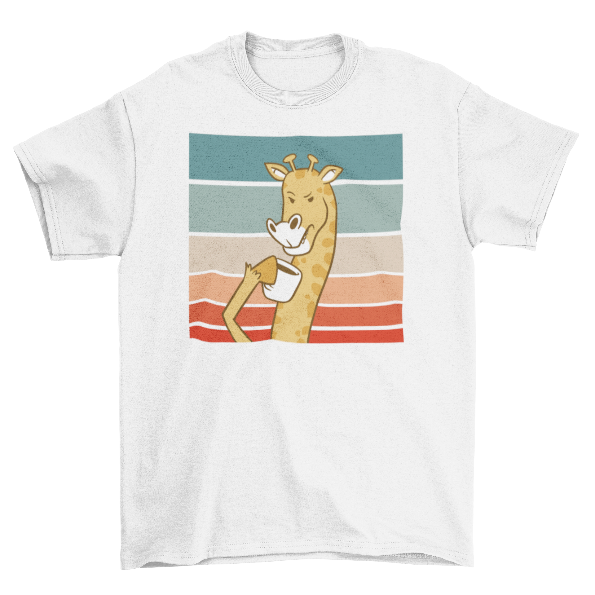 A fun t-shirt featuring a giraffe drinking coffee against a retro sunset background, showcasing a playful and colorful design.