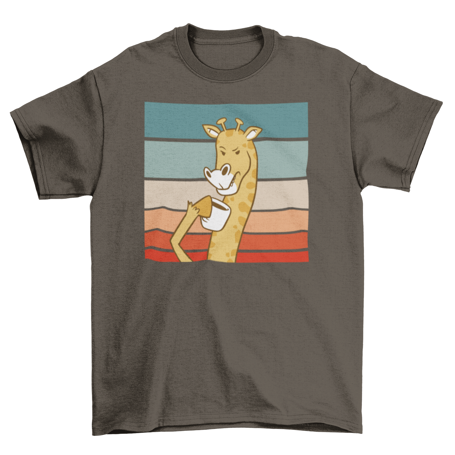 A fun t-shirt featuring a giraffe drinking coffee against a retro sunset background, showcasing a playful and colorful design.