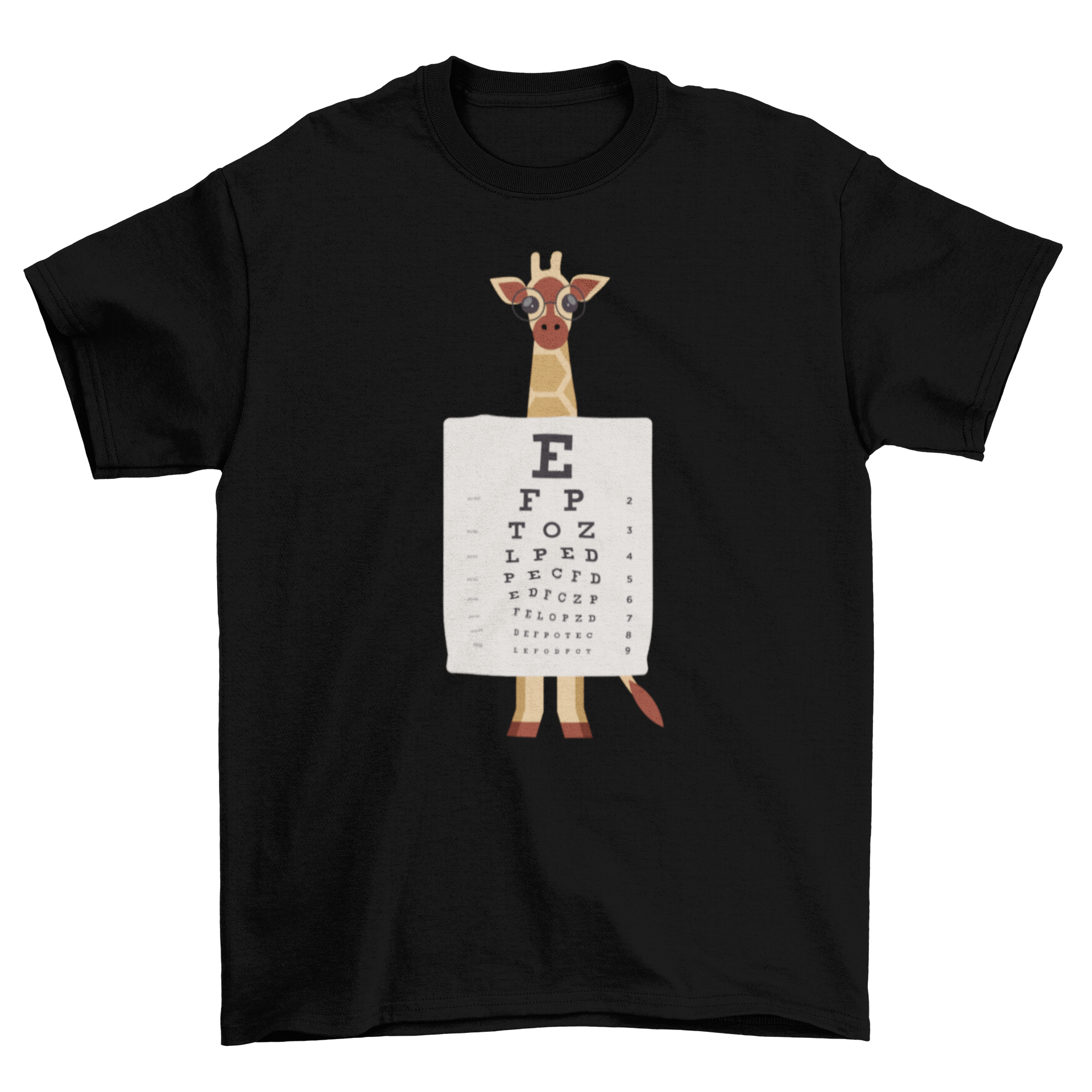 A playful t-shirt featuring a giraffe wearing glasses and holding an eye chart, perfect for animal lovers.