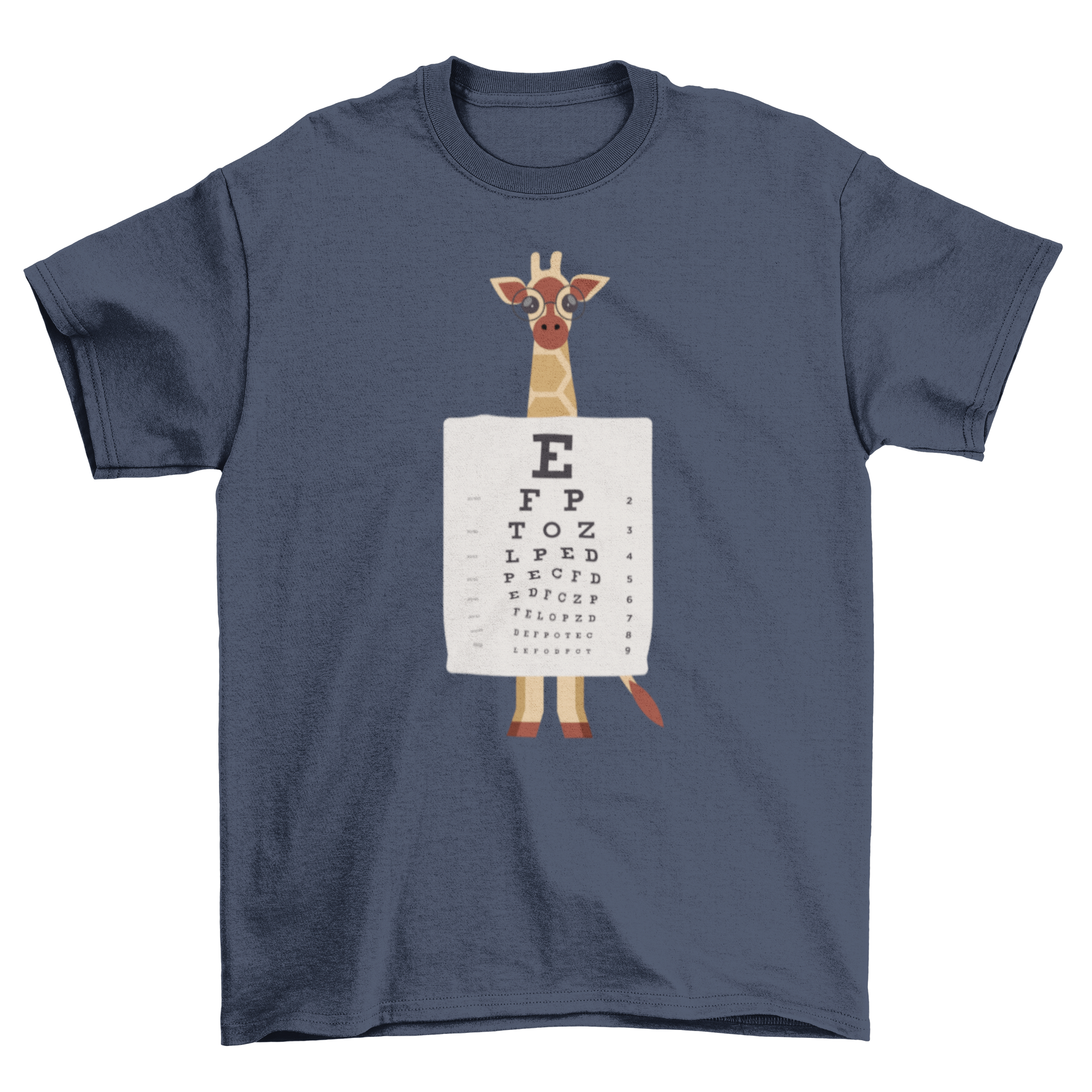 A playful t-shirt featuring a giraffe wearing glasses and holding an eye chart, perfect for animal lovers.