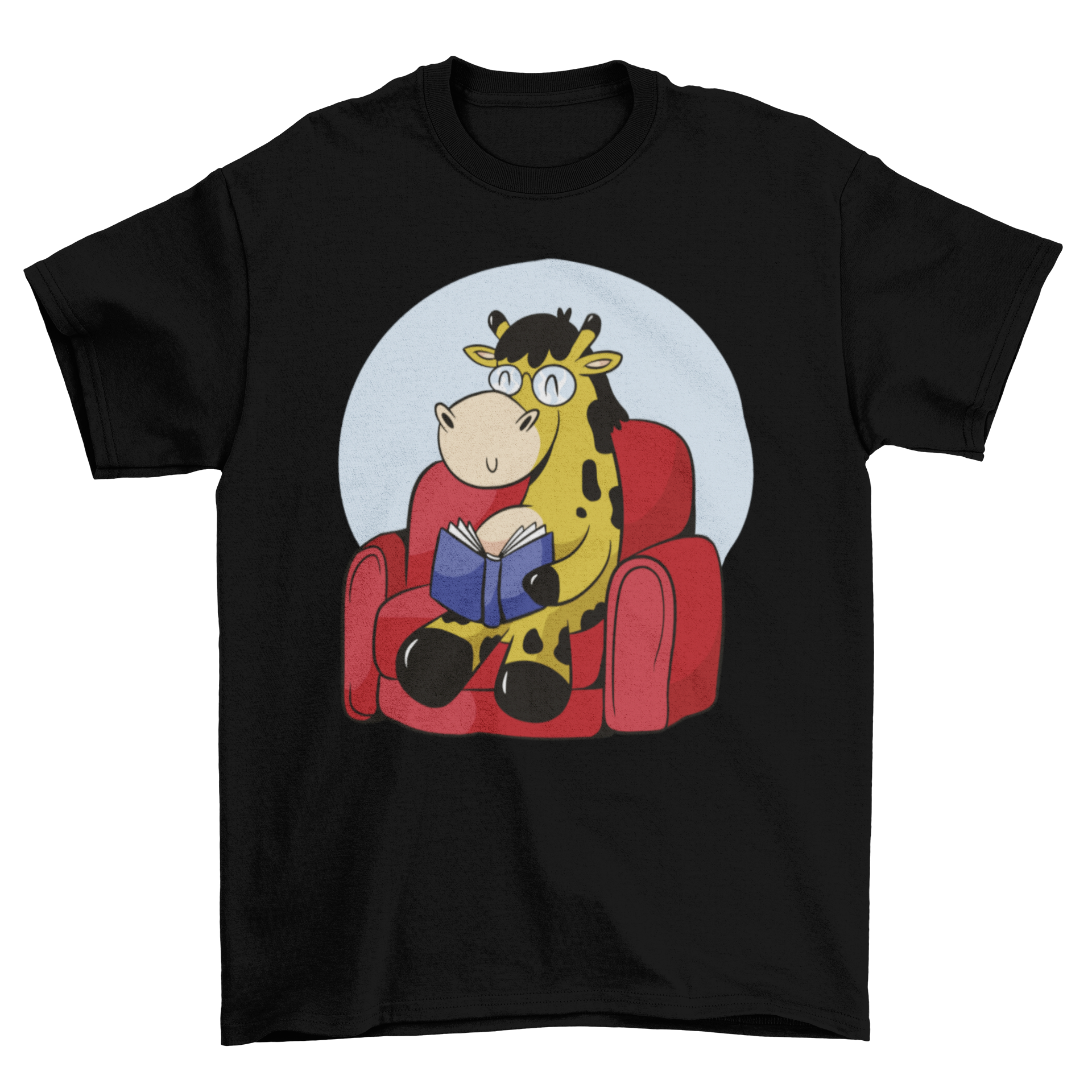 A cute t-shirt featuring a giraffe reading a book while sitting on a couch, showcasing a whimsical and playful design.