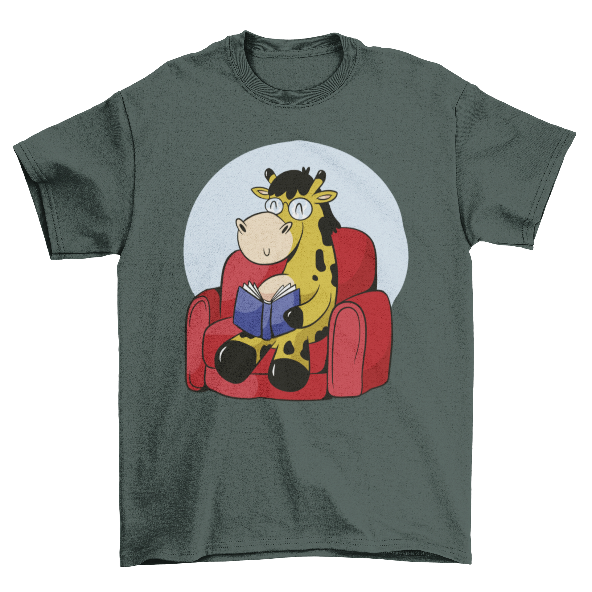 A cute t-shirt featuring a giraffe reading a book while sitting on a couch, showcasing a whimsical and playful design.