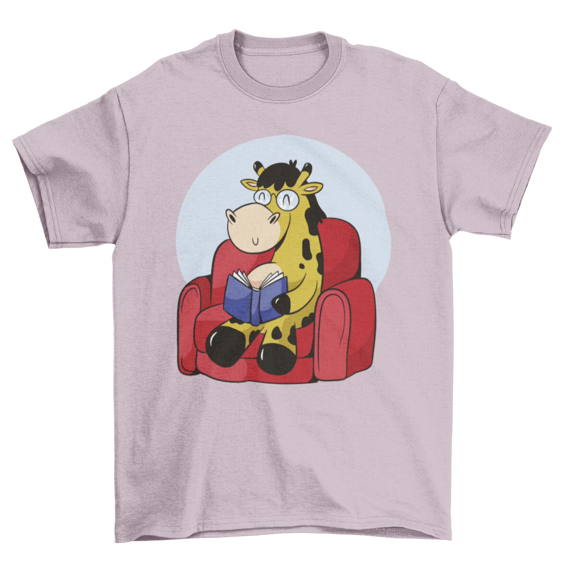 A cute t-shirt featuring a giraffe reading a book while sitting on a couch, showcasing a whimsical and playful design.