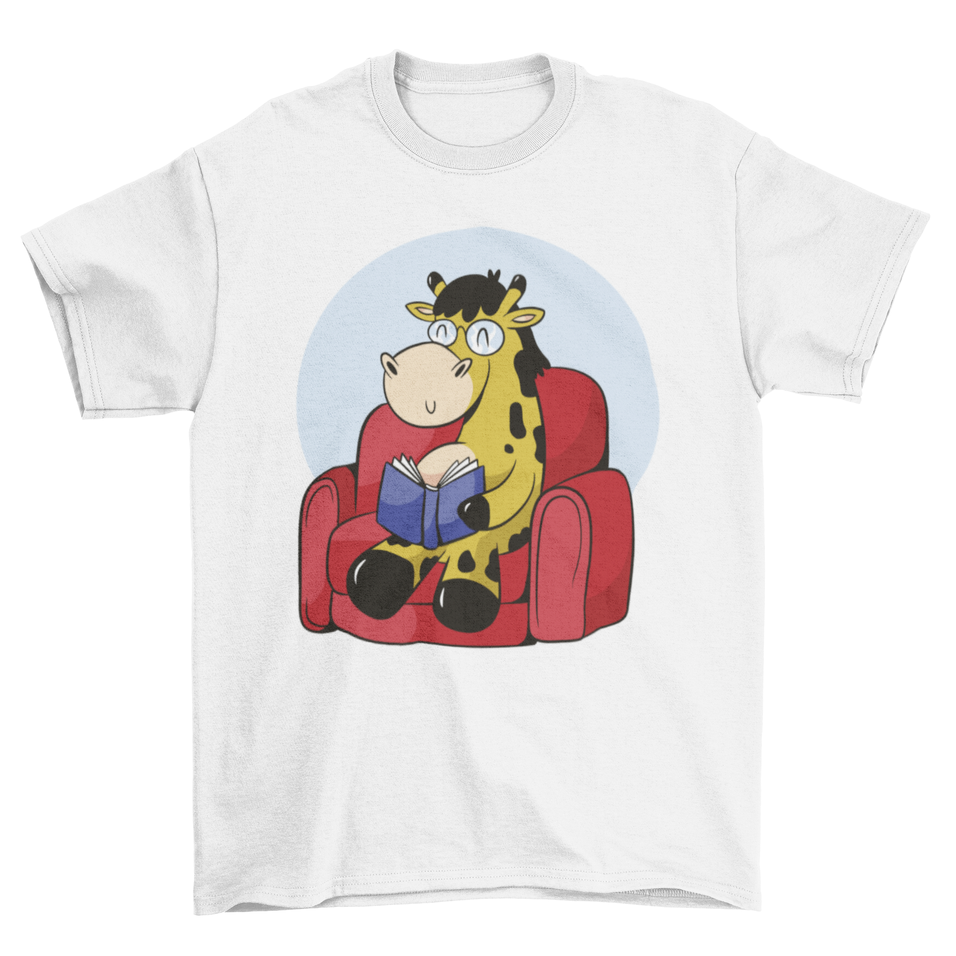 A cute t-shirt featuring a giraffe reading a book while sitting on a couch, showcasing a whimsical and playful design.