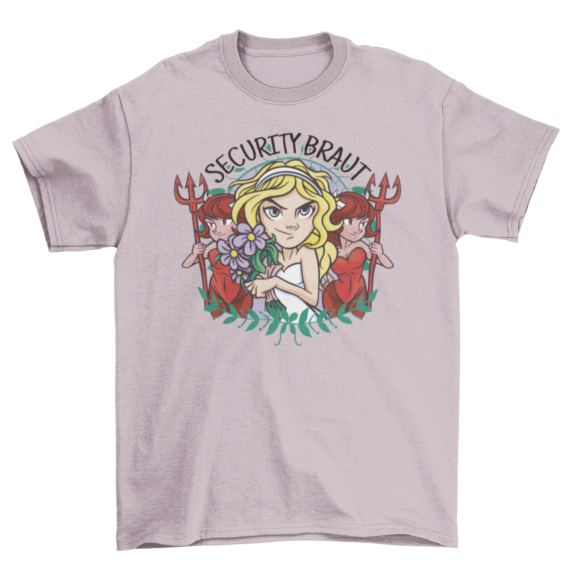 Girlfriend Security Cartoon T-Shirt featuring a bride girl and friends with the quote 'Security Braut' in a colorful design.