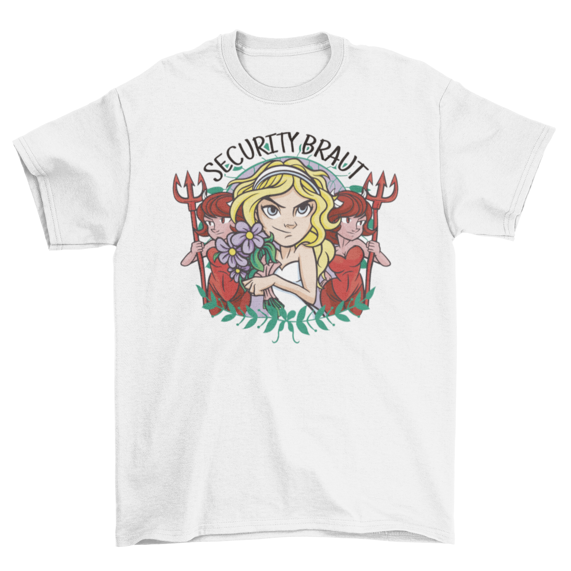 Girlfriend Security Cartoon T-Shirt featuring a bride girl and friends with the quote 'Security Braut' in a colorful design.