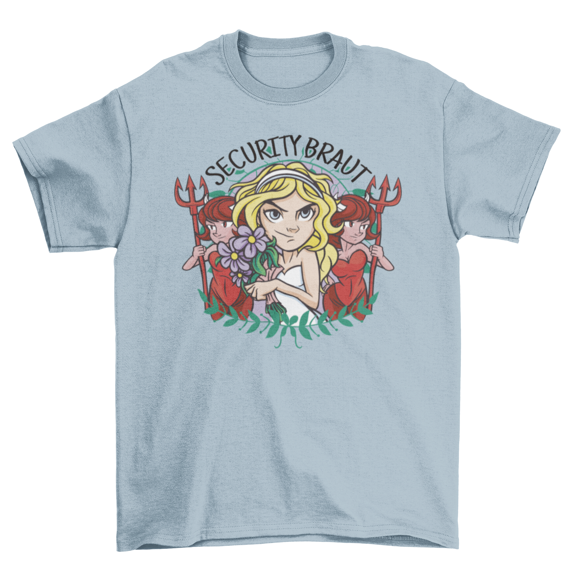 Girlfriend Security Cartoon T-Shirt featuring a bride girl and friends with the quote 'Security Braut' in a colorful design.