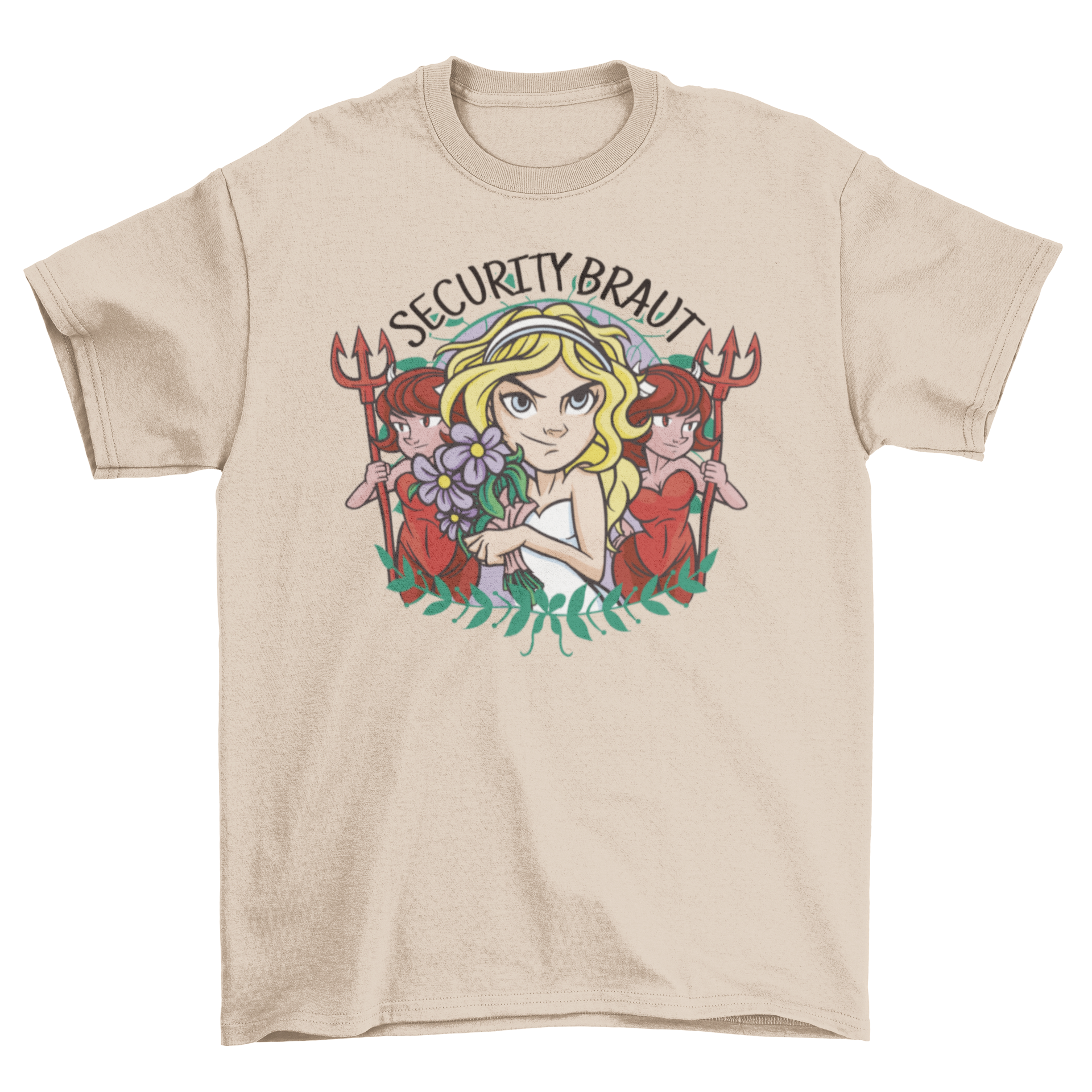 Girlfriend Security Cartoon T-Shirt featuring a bride girl and friends with the quote 'Security Braut' in a colorful design.