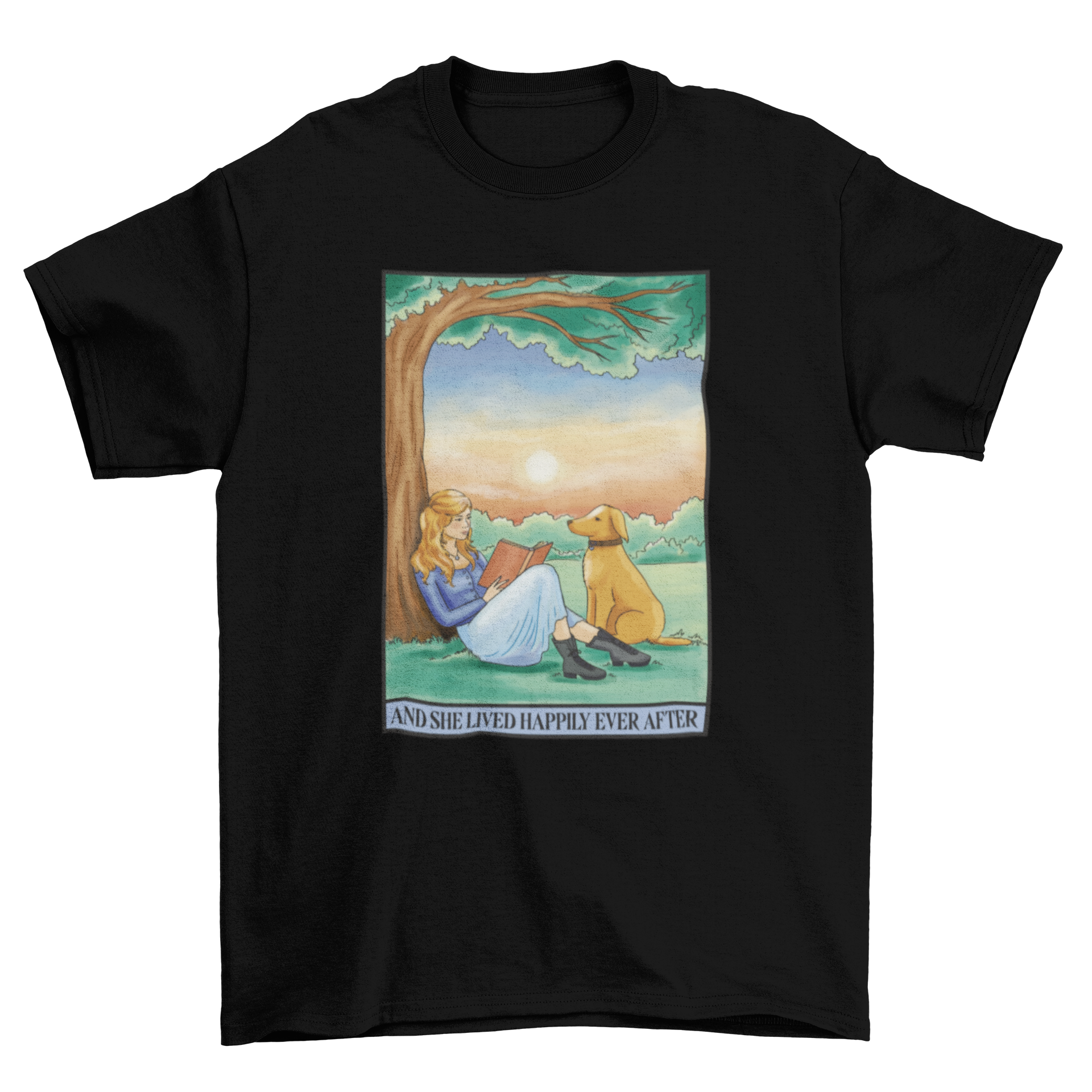 A charming t-shirt design featuring a girl reading to her dog under a tree with an inspirational quote.