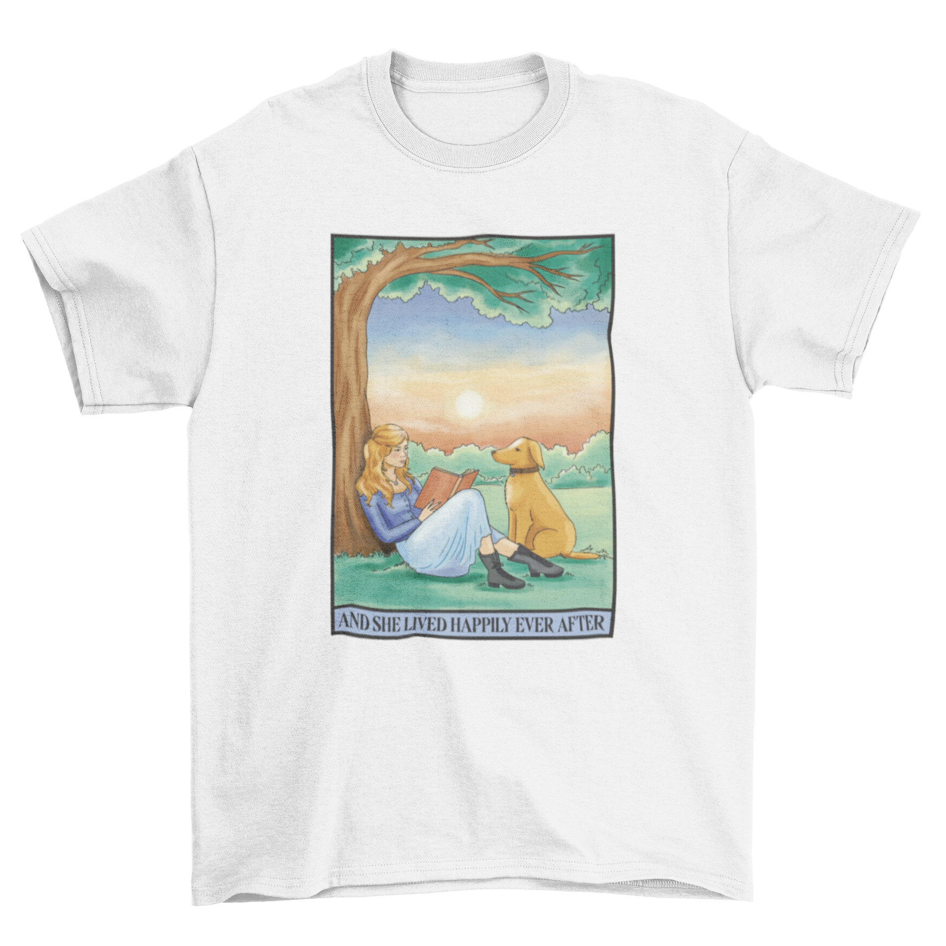 A charming t-shirt design featuring a girl reading to her dog under a tree with an inspirational quote.