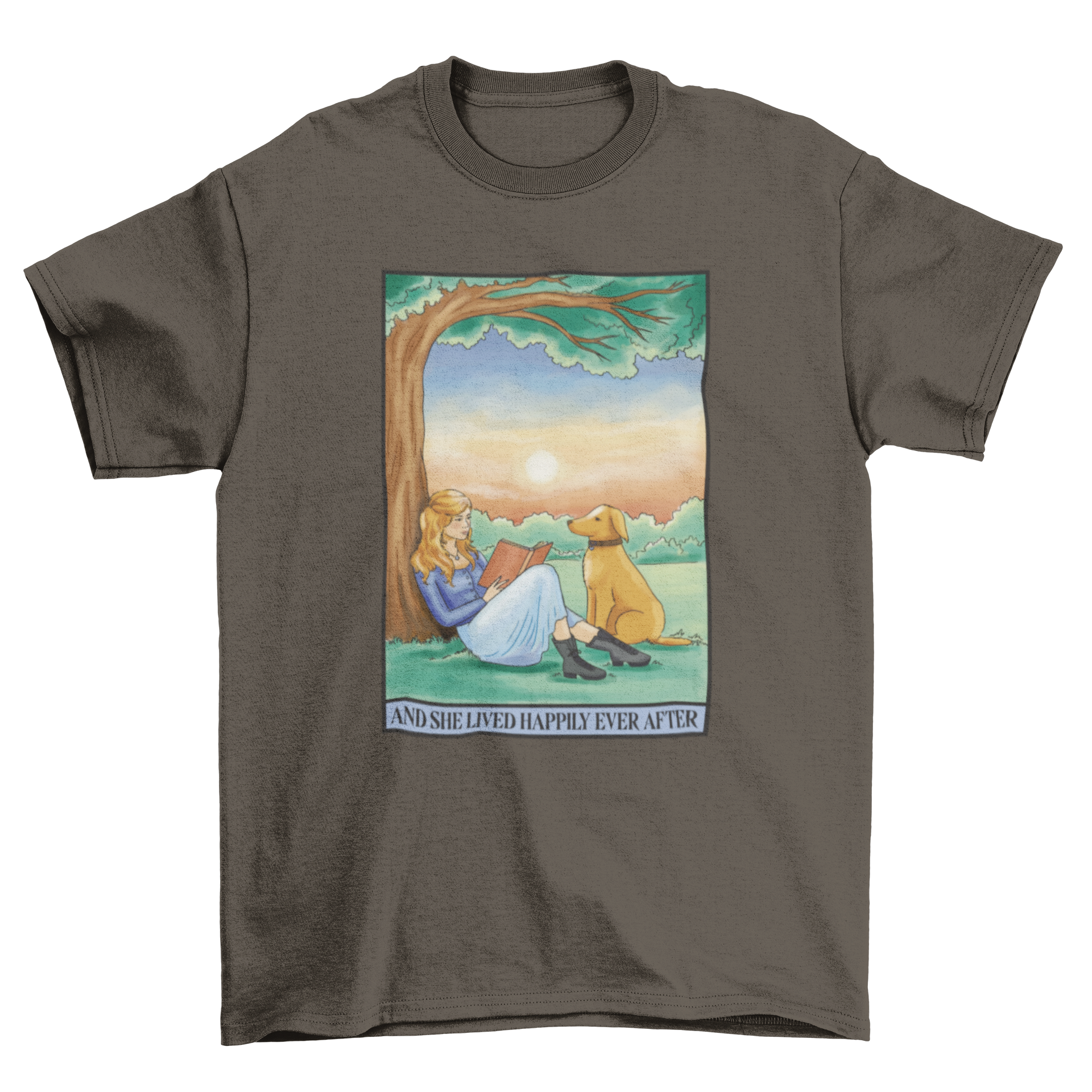 A charming t-shirt design featuring a girl reading to her dog under a tree with an inspirational quote.